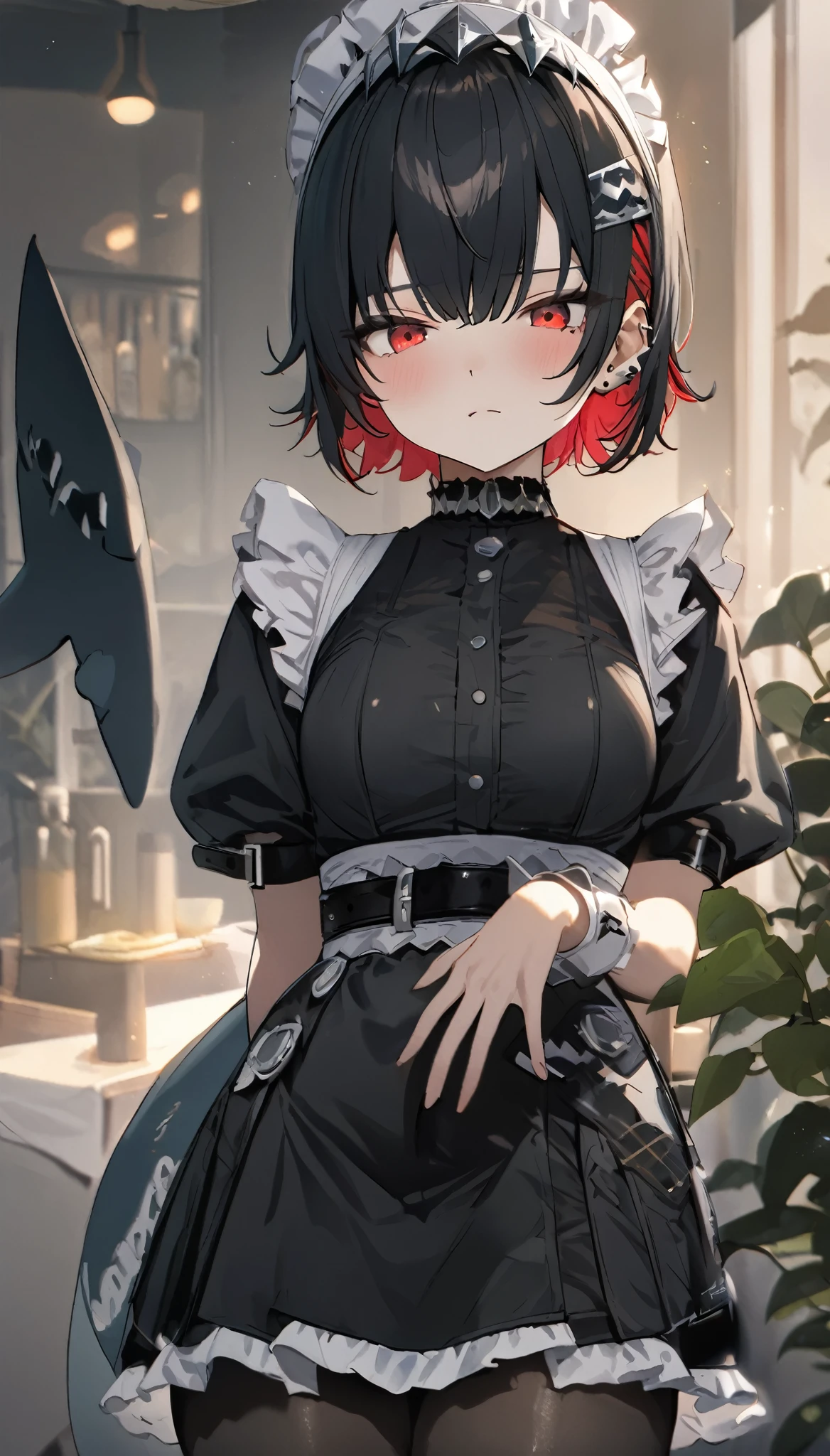 masterpiece,  bright color, Best Quality,  Details,  high definition, Absurd, red eyes, Black Hair ,  short hair,  colored inner hair,  hair clip that invites you with your hand, Ear Piercing, Until then, Shark Tail,  maid headdress ,  hair ornament,  black dress,  puff sleeve,  choker, Frill dress,  high waist skirt, Black Pantyhose, Wrist cuffs, apron, belt,  black footwear , , Knight , Cafe,  at dawn, Neutral facial expression,  cowboy shot,  very aesthetic　　　