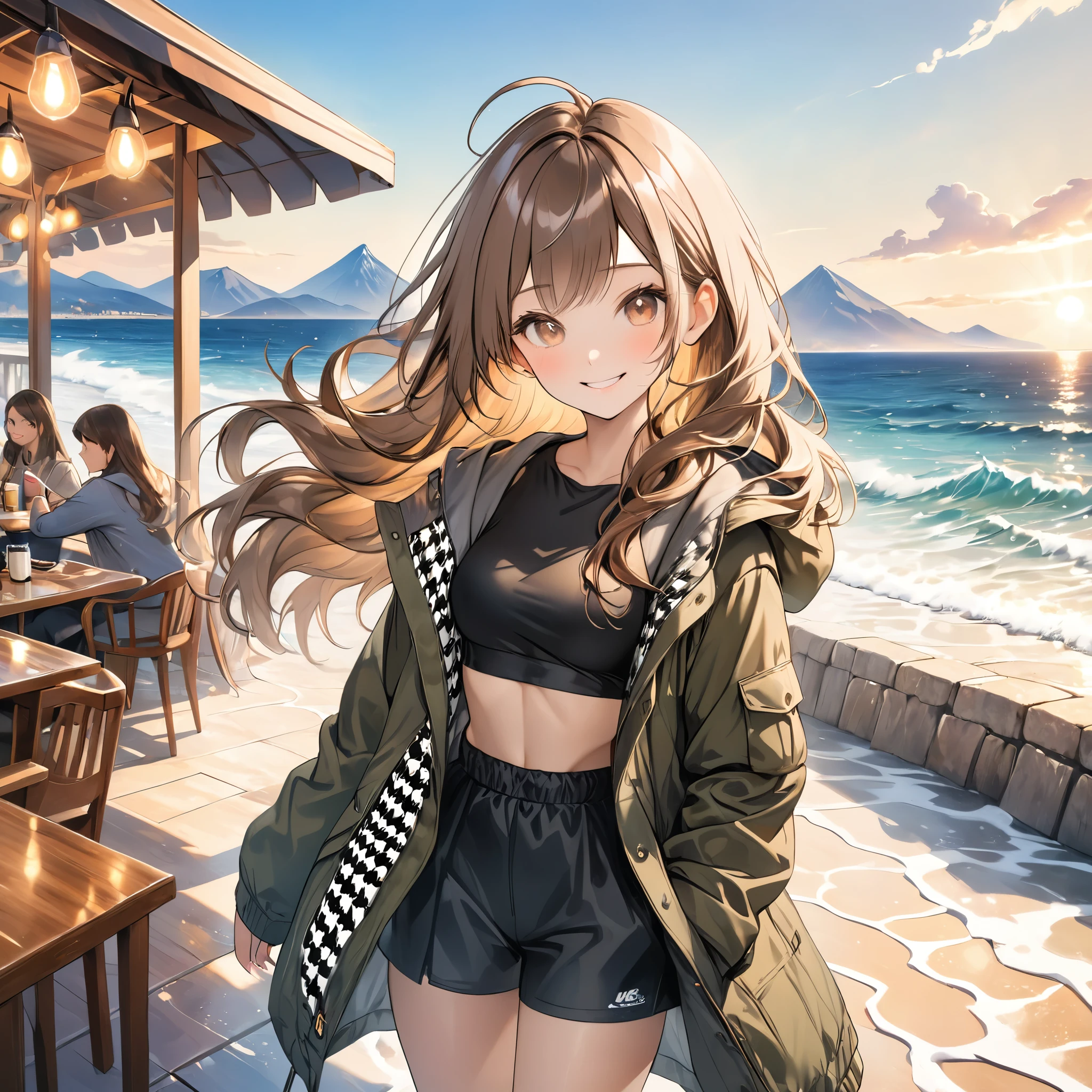 masterpiece, best quality, 8k, highres, ultra-detailed,HDR, UHD, studio lighting, ultra-fine painting, 1girl,solo,   long brown hair,   kind smile,  Mountain parka,very detailed Houndstooth pattern, black bikini, beach cafe Background,soft ocean waves spreading in the distance , Relaxed and cheerful atmosphere  ,  Warm Soft Lights 