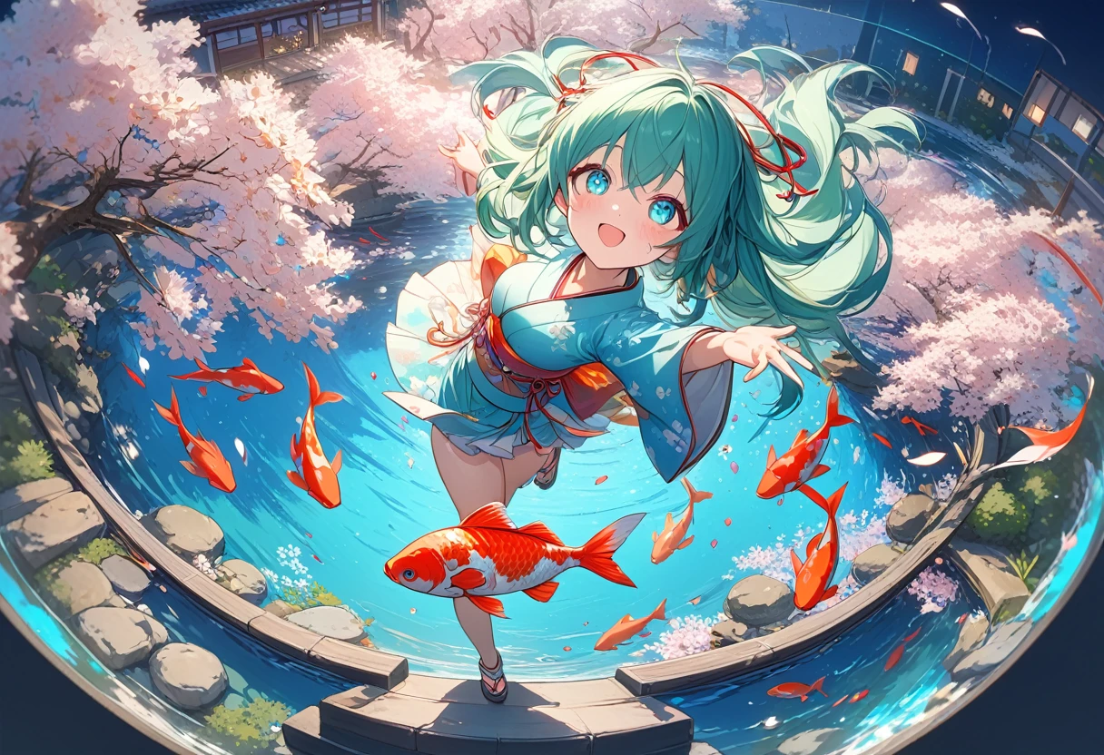 'Hikari, the cheerful and energetic university mascot, leaps joyfully into the air, her vibrant blue-green hair and shimmering aqua eyes sparkling with excitement. Her ornate kimono, adorned with delicate sakura blossoms and playful New Year's motifs, billows around her as she tosses handfuls of iridescent confetti into the dazzling night sky.' 'In the background, a breathtaking display of fireworks erupts, bursting in a magnificent array of colors - crimson red, radiant gold, shimmering silver, and vibrant azure blue. The fireworks' reflections dance across the tranquil surface of a koi pond, creating a mesmerizing tableau of light and movement.' anime, anime style, blush, expressions, anime, Conceptual art, high detail, anime style, UHD, masterpiece, accurate, anatomically correct, textured skin, super detail, high details, high quality, award winning, best quality, highres, 8k, (SuperQuality:1.0) ~ (SuperQuality:1.2), (negative_v2 Color_Balance_Calibration:0.8), from above, fish eye perspectife