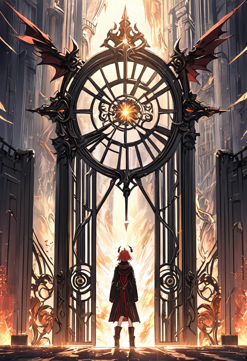  The door on the left is Angel's Gate, Heaven's Gate, Devil's Gate, Hell Gate,  A person is standing in the middle ,  One eye is white and the other eye is red , Hair color mixed with red and white 