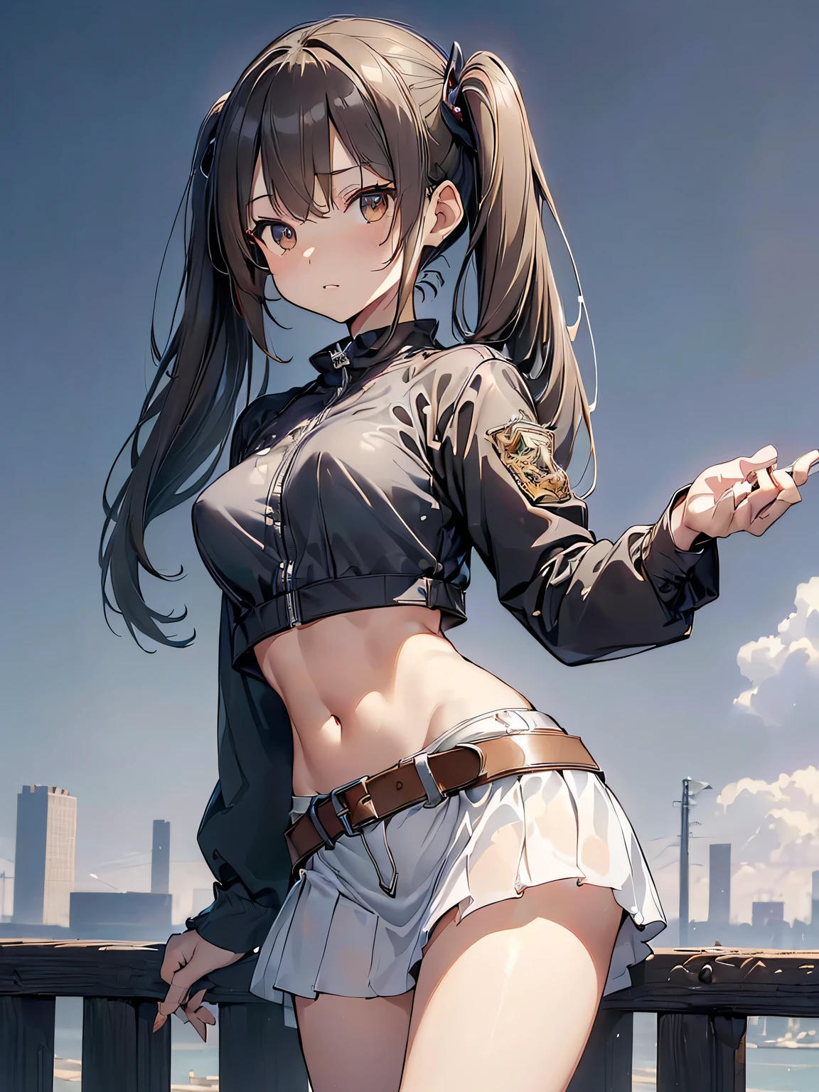 (((masterpiece))), ((( high definition))), ((( perfect face)))、((( Japan Beauty )))、(( top quality i )), detailed texture, (( high definitionの顔)), ( best quality、Unity 8k,16k, wallpaper、masterpiece、Super detailed、超 high definition、(Realistic)、( Highly Detailed Backgrounds), ((Detailed drawing))、Photoreal 1.2, exquisite, insanely detailed), ((4 fingers on 1 thumb , Perfect human hand, perfect two legs:1.2)), very detailed facial and skin textures, ((Detailed eyes)), Detailed lips, highly detailed depiction of hair , ((), twin tails, Light Brown Hair, Brown eyes, fitted long sleeve crop top, riders jacket, (Partially see-through ), tight miniskirt bending forward, boots, The basic color of clothing is silver)), ((highway)), ((cowboy shot))