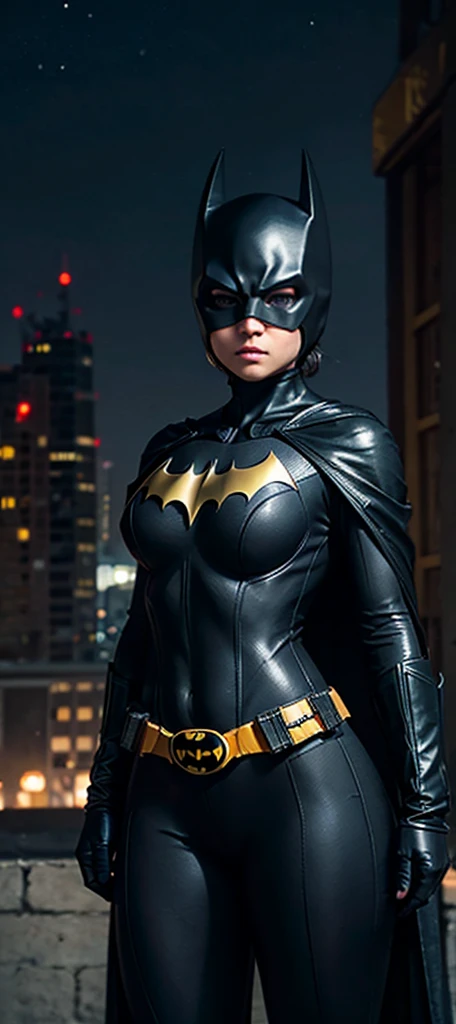  hot cute small girl girl, short wavy curvy short balck hair,  short hair visible behind head, curvy black hair, blue eyes, blue eyes,  curvy slim thick body, hot body, , eyelashes, earrings, wearing full body yellow and black batmansuit, wearing black batman suit, batman symbol, wearing batman black body suit, cape, utility belt, batgirl, fully dressed body suit for batman, cape, thick slim thick body, hair behind head, curvious body, kitsune mask, kistune helmet, bat helmet