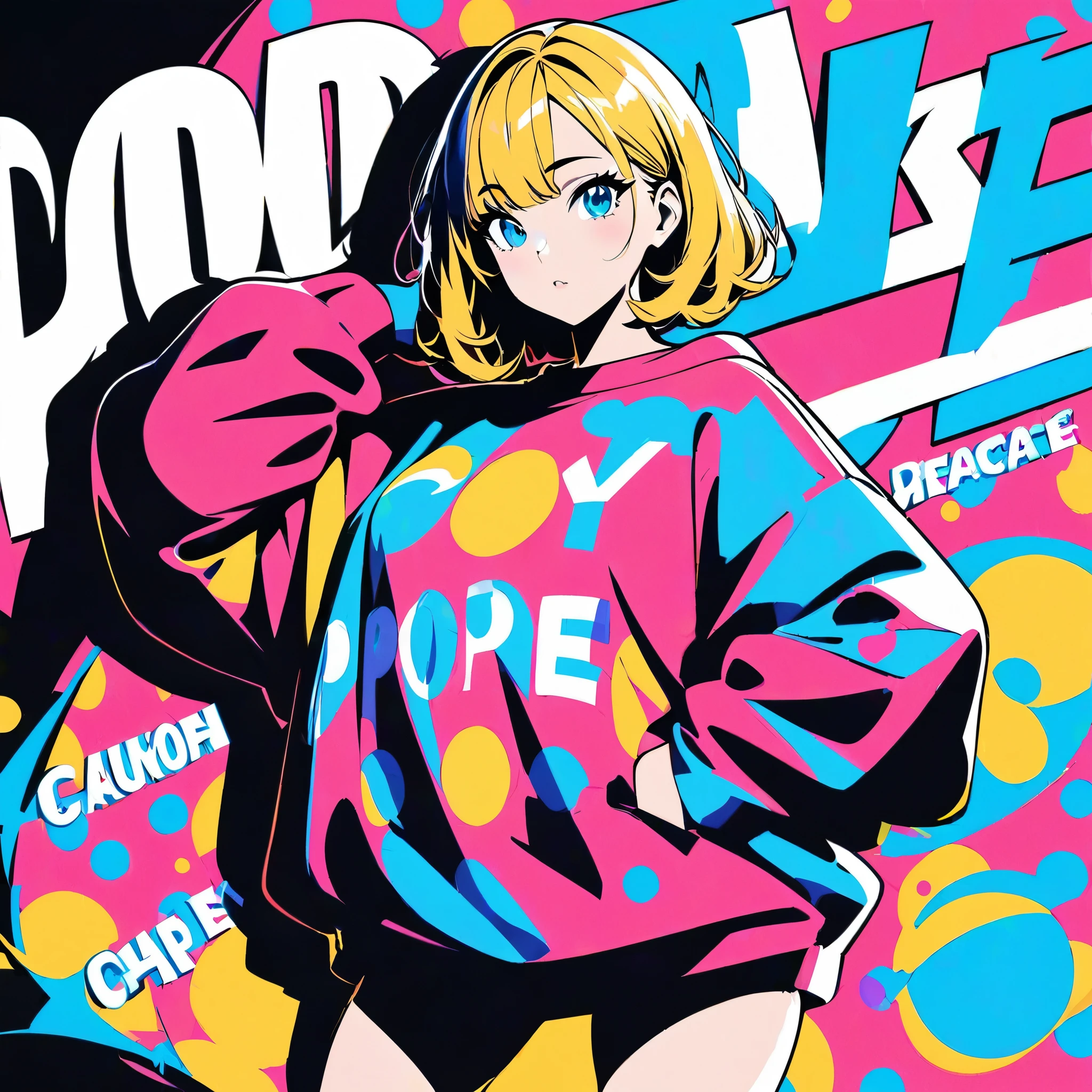 (masterpiece, best quality:1.2), 1girl, solo,high contrast,pop art,oversized sweatshirt,,colorful polka dot background,bold graphic text