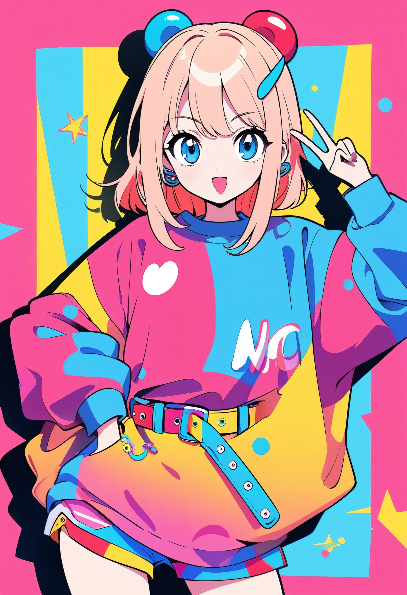 (masterpiece, best quality), clothing store, multiple girls, ite, loli, slim, (oversize colorful sweater), bottomless, (naked bottom), from behind, in a colorful clothing store, (changing clothes), smile, fun, wide angle, vibrant colors, watercolor