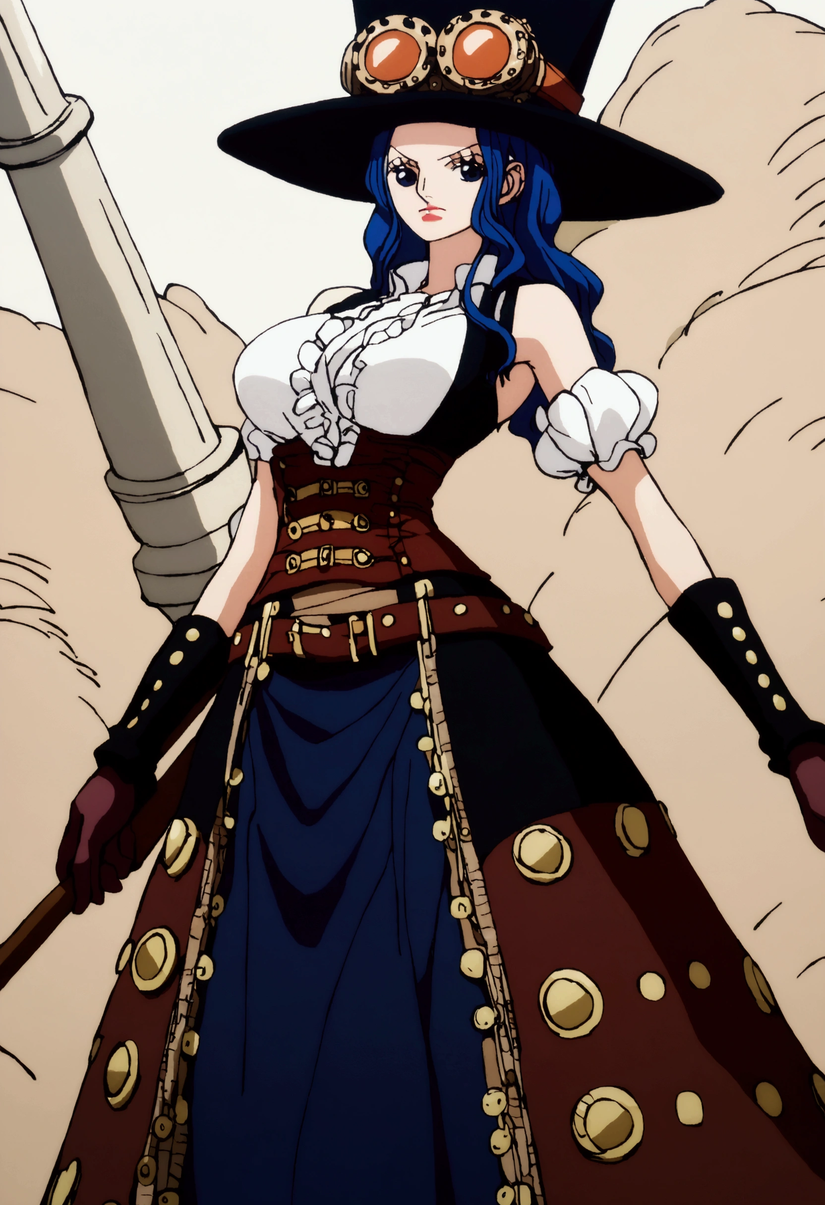 A one piece girl characters, pretty, elegant, steampunk clothes, dark blue, big hat