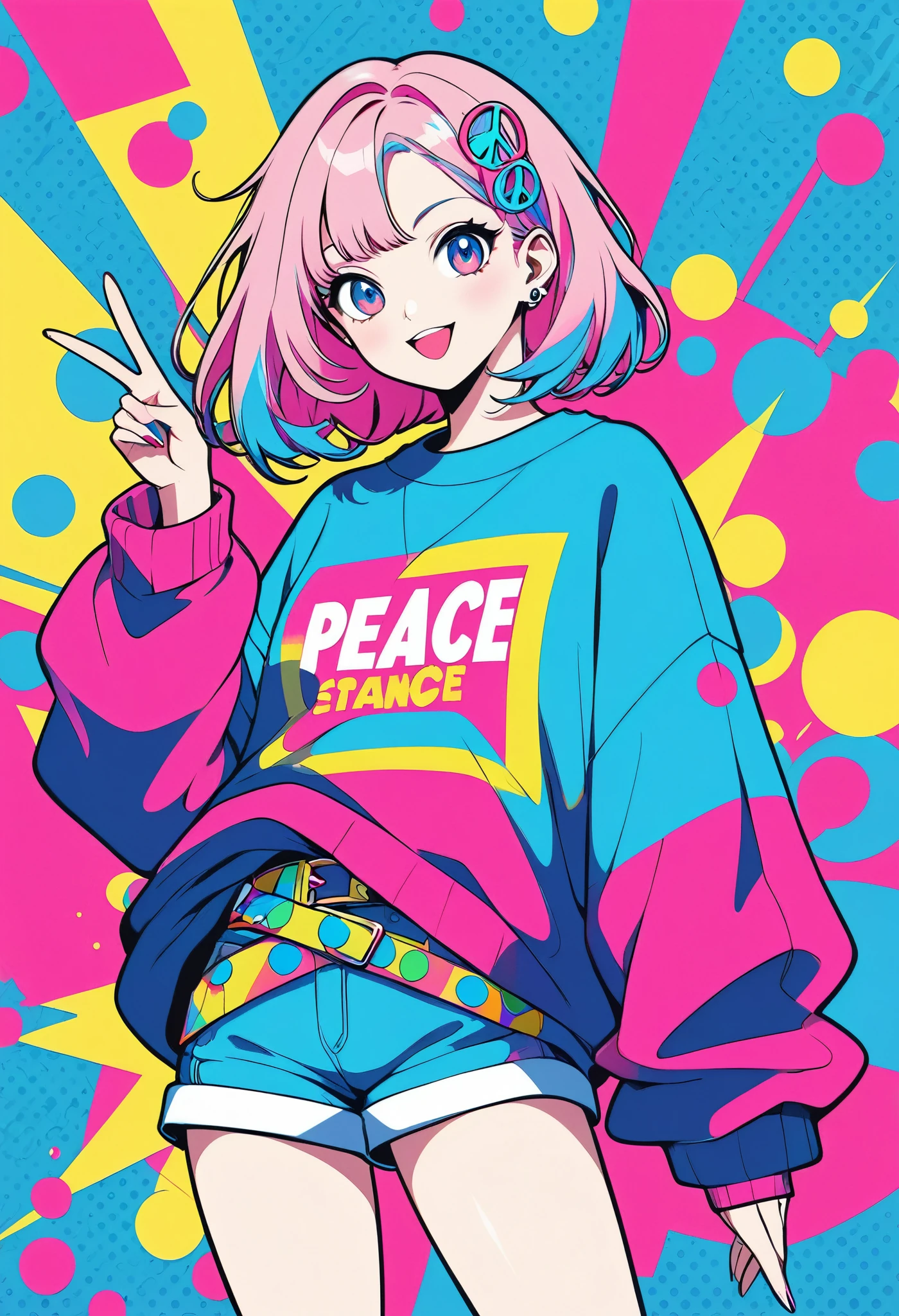 anime style, best quality, peace sign, vibrant colors, blue and pink hair, stylish outfit, oversized sweatshirt, bold graphic text, shorts, playful expression, ear accessories, colorful belt, flat design, blue polka dot background, high contrast, minimal shading, modern illustration, retro vibes, pop art influence