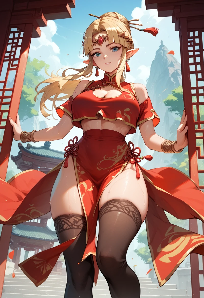 Chinese Dress , (best quality:1.2) , masterpiece , toeless legwear , Full shot , ( Sweaty , crop top:1.2) , jewelry , large breasts , Zelda
