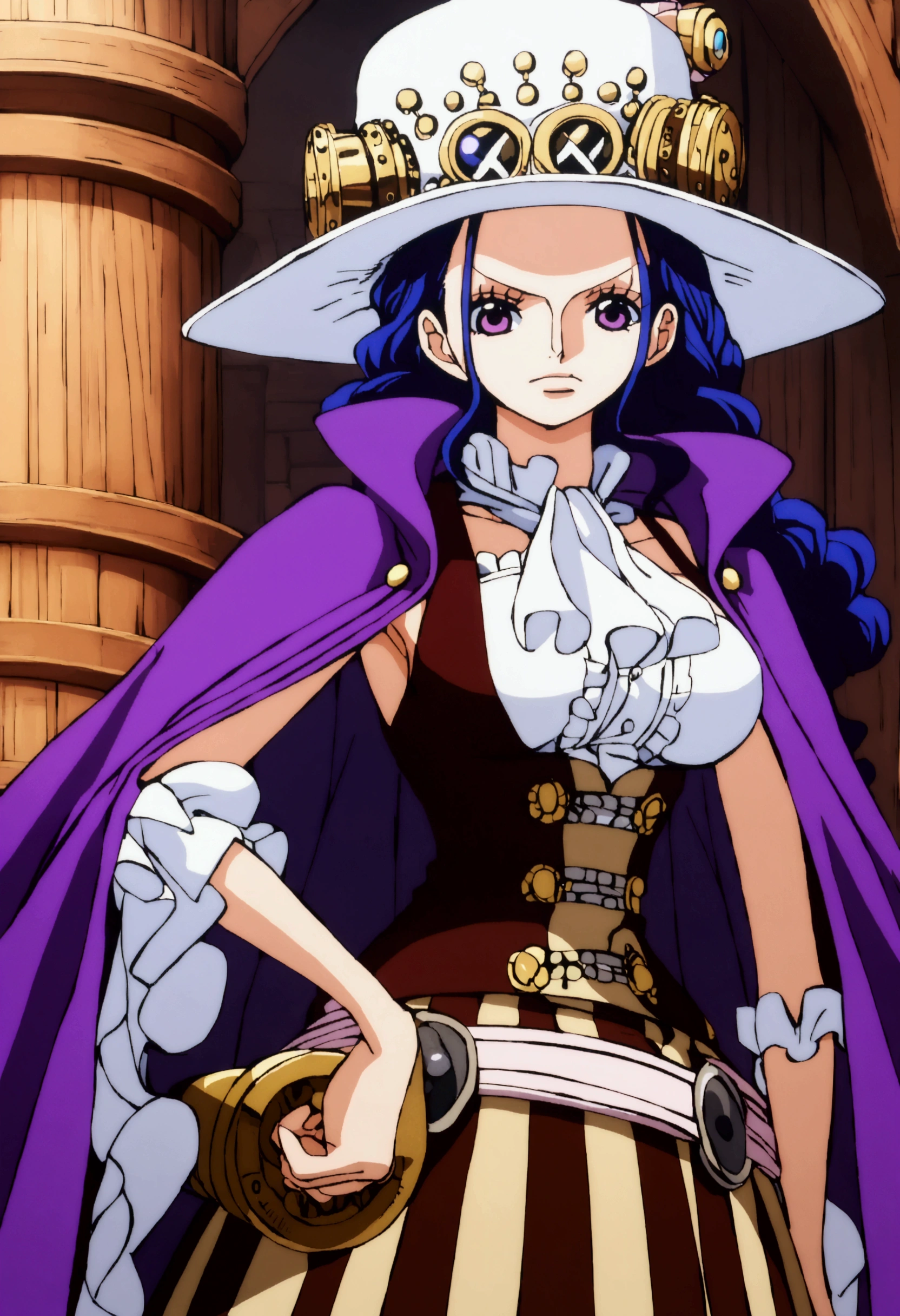 A one piece girl characters, pretty, elegant, steampunk clothes, blue purple, big hat