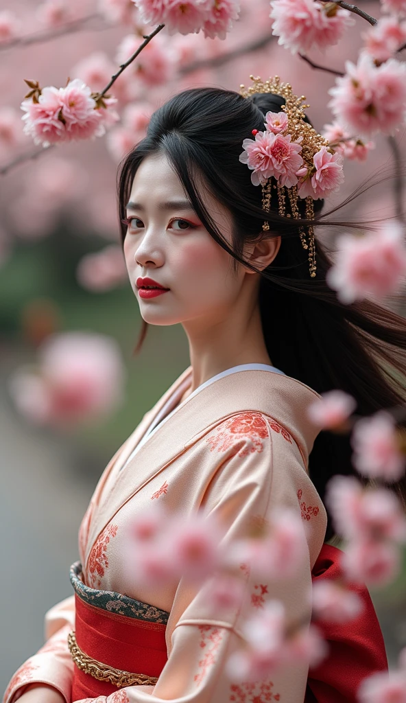 Realistic intrincate photography; Sensual Geisha 45 years old, long hair in the wind ,  cherry blossoms  