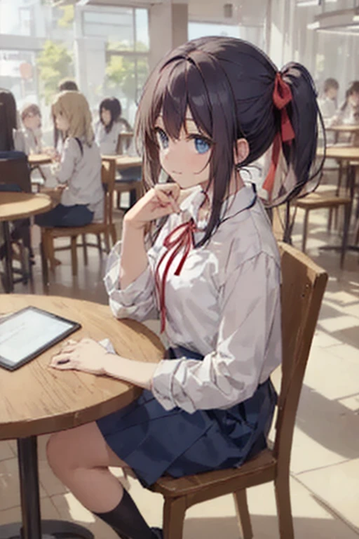 An illustration of a high school girl concentrating on her studies in a Ghibli-style cafe.