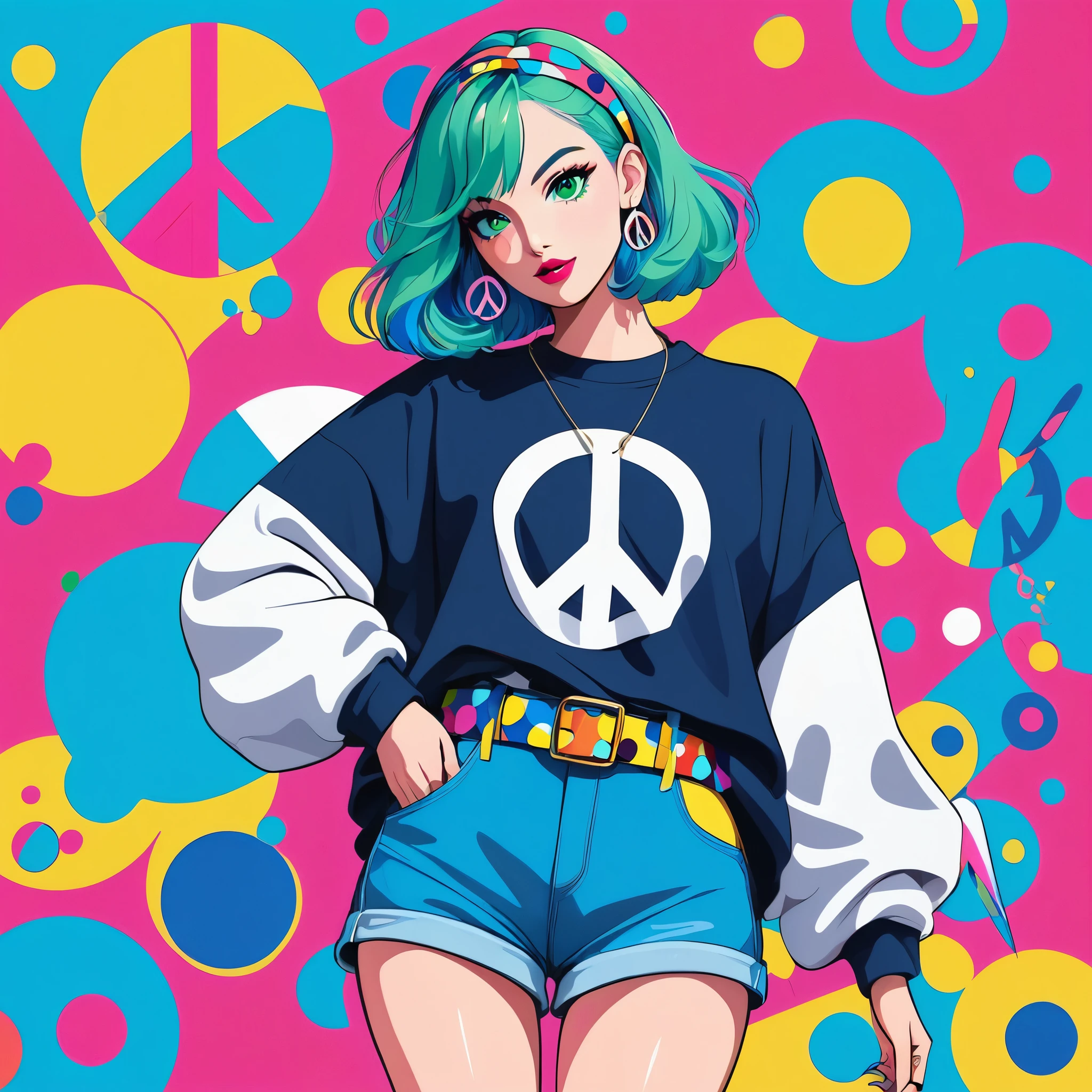 popart,
high contrast,(masterpiece, best quality:1.2), 1girl,solo,(full body), anime style, best quality, close up, peace sign, vibrant colors, green eyes, blue and pink hair, stylish outfit, oversized sweatshirt, bold graphic text, shorts, playful expression, ear accessories, colorful belt, flat design, blue polka dot background, high contrast, minimal shading, modern illustration, retro vibes, pop art influence