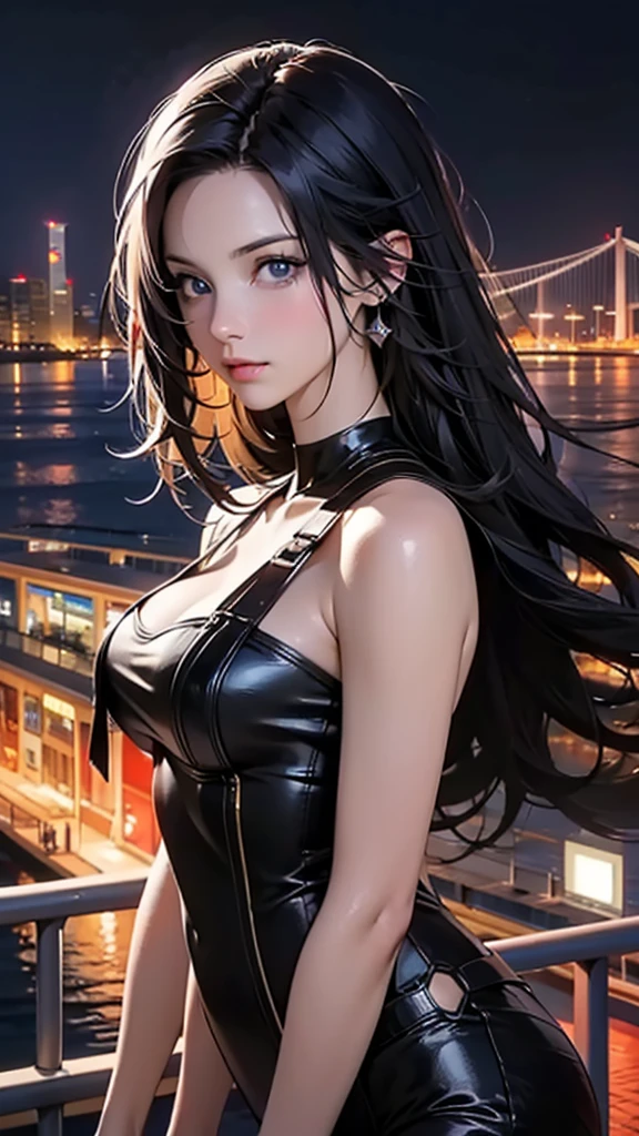 (Beyond the masterpiece, best quality, high resolution, incredibly absurdres, realistic depiction, ultra detailed artwork, perfect anatomy,anatomically correct, UHD, 4k, 8k,) solo, female, (beautiful portrai, face_to_knees) , (realistic detailed portrait, face to knees), looking at views, detailed captivating face, beautiful blue eyes, eyelashes, pastel color makeup, BREAK \(beautiful thin hair, sleek long hair, detailed thin hair, moving by breeze\), medium breasts, looking at viewer, BREAK \(gamma, black bodysuit, bodystocking, black pants, black gloves, gold trim\),  (detailed depictions of background, (beautiful the Helix Bridge of Singapore), romantic, (Night scene:1.3, the Helix Bridge of Singapore in background), perfect).   