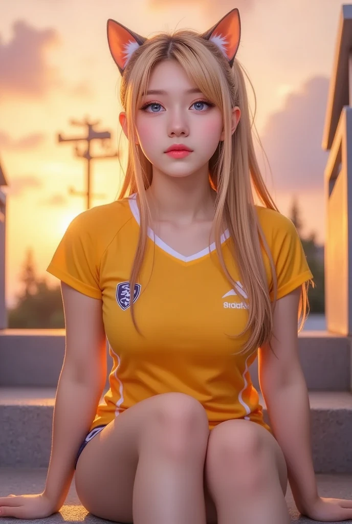 Masterpiece, 4K, bokeh, (Perfect body:1.4), (volleyball uniform:1.5), (Bright Blonde hair:1.5), (ponytail:1.2),(Blushed face:1.3), (Plump breast:1.2), (Sitting in stairway:1.2), (Cat ears:1.3),(From below:1.6),(Sundown :1.2), (Orange beautiful sky and clouds:1.2), skirt, Nat DR .