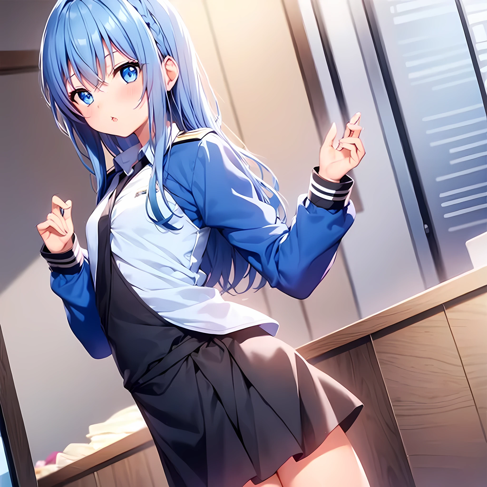  1 girl, Blue Hair, blue eyes,uniform,Dignified, flat chest, standing ,