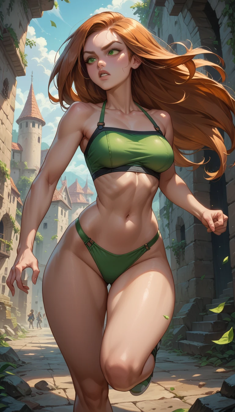  Kim Possible, (green bikini),  long hair, green eyes,  thick thighs , tense,  big boobs, beautiful legs, running, action ,In the dungeon, light of torches, ,high quality,masterpiece,detailed, iluminaction cinematográfica 