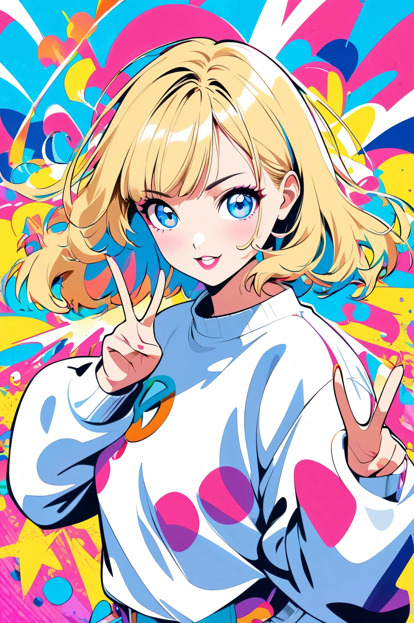 illustration, best quality, dynamic full-body shot, 1girl, blonde hair, blue eyes, white outfit, vibrant colors, pop art style, peace sign, confident expression, colorful abstract background, splashes of pink, yellow, and blue, high energy, bold lines, retro aesthetic, playful atmosphere, strong contrast