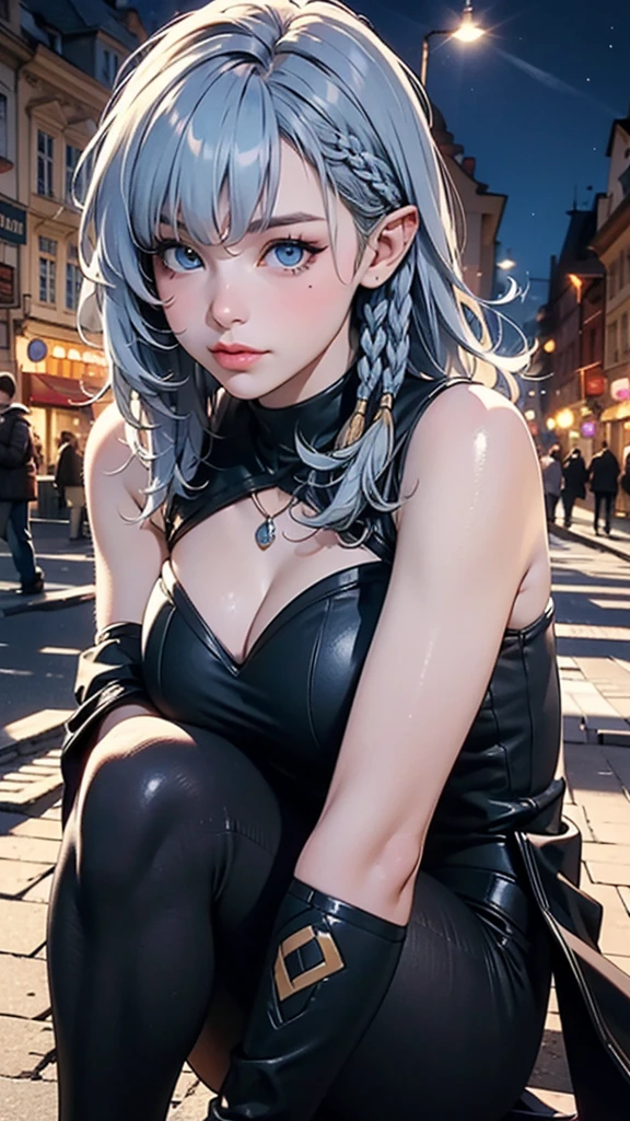 (Beyond the masterpiece, best quality, high resolution, incredibly absurdres, realistic depiction, ultra detailed artwork, perfect anatomy,anatomically correct, UHD, 4k, 8k,) solo, (beta), walking on a night street in Prague, (closeup upper body portrait) , (realistic detailed portrait, face to knees), looking at views, detailed captivating face, beautiful blue eyes, eyelashes, pastel color makeup, BREAK \(beautiful blue hair, medium long hair, thin hair, moving by breeze\), medium breasts, looking at viewer, BREAK (cape, bodysuit, gloves, black leggings),  (detailed depictions of background, (beautiful ultra detailed townscape of Prague), romantic, Night scene, Prague townscape, detailed Prague townscape), perfect)