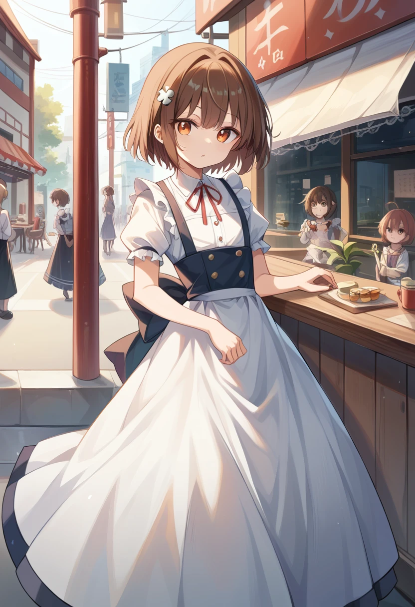 ( surreal), (8k), ( very detailed), (  best illustration  ), Cafe。 maid clothes。.Flat chest。。 short hair。Brown Hair。 large red ribbon barrette。Four-leaf clover on clothes 。adult。In front of Kanekusai 。 LONG SKIRT 