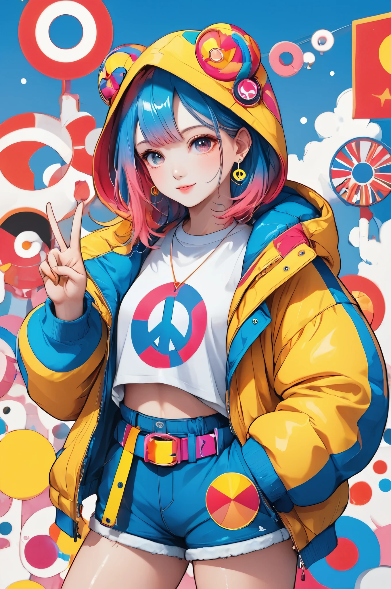 popart,high contrast,(masterpiece, best quality:1.2), 1girl,solo,(full body), anime style, best quality, close up, peace sign, stylish outfit, Mountain parka, flared hem, shorts, playful expression, ear accessories,belt