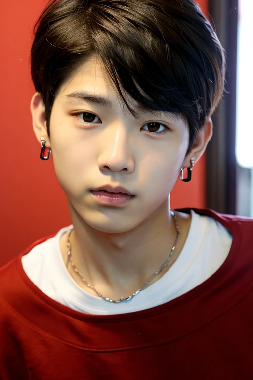 A hot korean teenage boy with messy dark red hair. And piercing on his ear. Mirror picture.