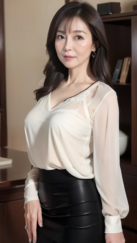   High image quality,   High image quality,     Attention to Details   , masterpiece,( saggy body),    anatomically accurate   , sharp, (( Japanese, Mature Woman)),(80 years old:1.5),((Facial wrinkles)),  saggy breasts during pregnancy,  Dark brown hair ,(Long Hair), bangs,(((    Stand upright, ))), Looking Ahead,(  sheer blouse    :1.4),(    tight skirt :1.2),(     from head to thigh  :1.1),Inside the warehouse,(  serious look:1.2),(senior citizen:1.5), Mature Woman主婦 ,