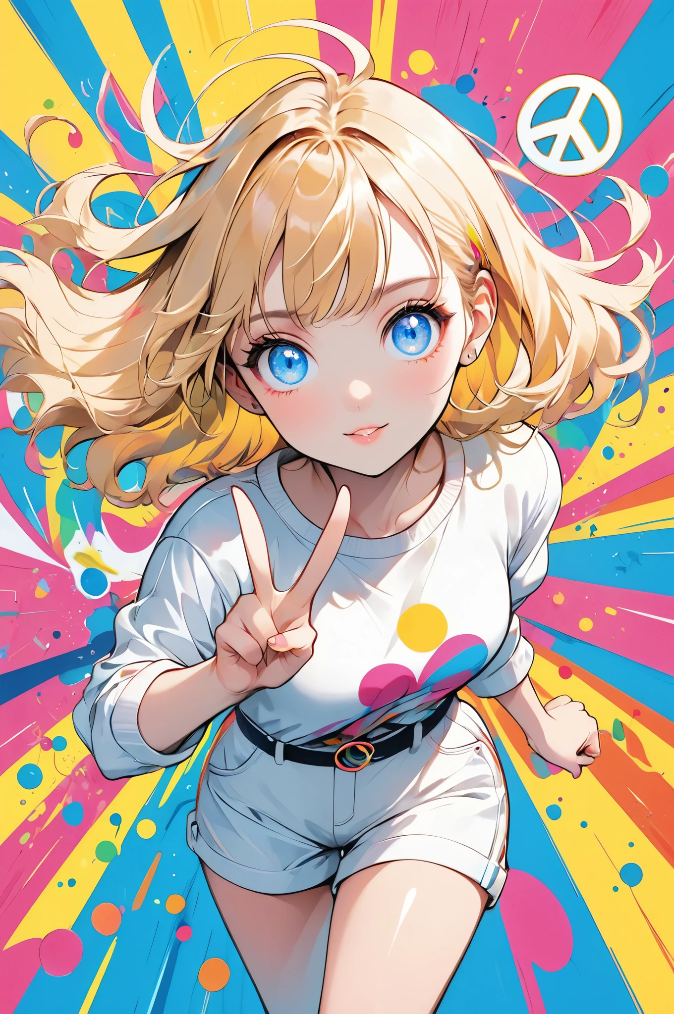 illustration, best quality, dynamic full-body shot, 1girl, blonde hair, blue eyes, white outfit, vibrant colors, pop art style, peace sign, confident expression, colorful abstract background, splashes of pink, yellow, and blue, high energy, bold lines, retro aesthetic, playful atmosphere, strong contrast