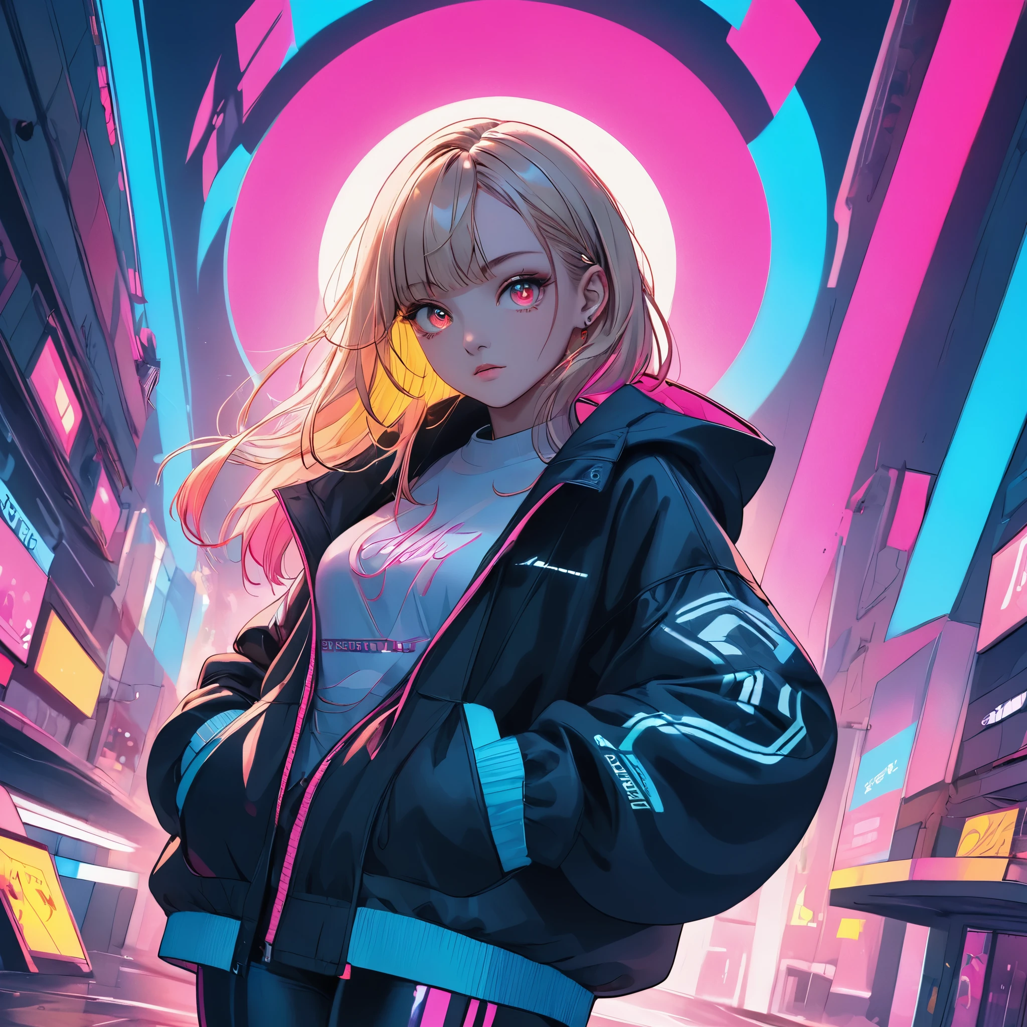 illustration, best quality, close-up, 1girl, full body,blonde hair, hooded jacket, serious expression, vibrant neon colors, abstract background, blue and pink lighting, dynamic composition, streetwear style, futuristic vibe, bold color contrast, cyberpunk atmosphere, strong shadows, intense and edgy mood