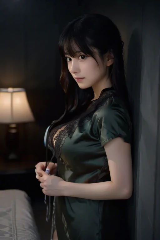 nsfw, (best quality, perfect anatomy,  highres , 8k, realistic, photorealistic:1.2), 1girl, Alone, Japanese, age20, nogizaka, dress, (large breasts:1.35), on the bed, (looking at viewer:1.5), night, (lamplight), (Under Exposure :1.7), (Very dark room:1.7),  Master Bedroom, (cowboy shot)