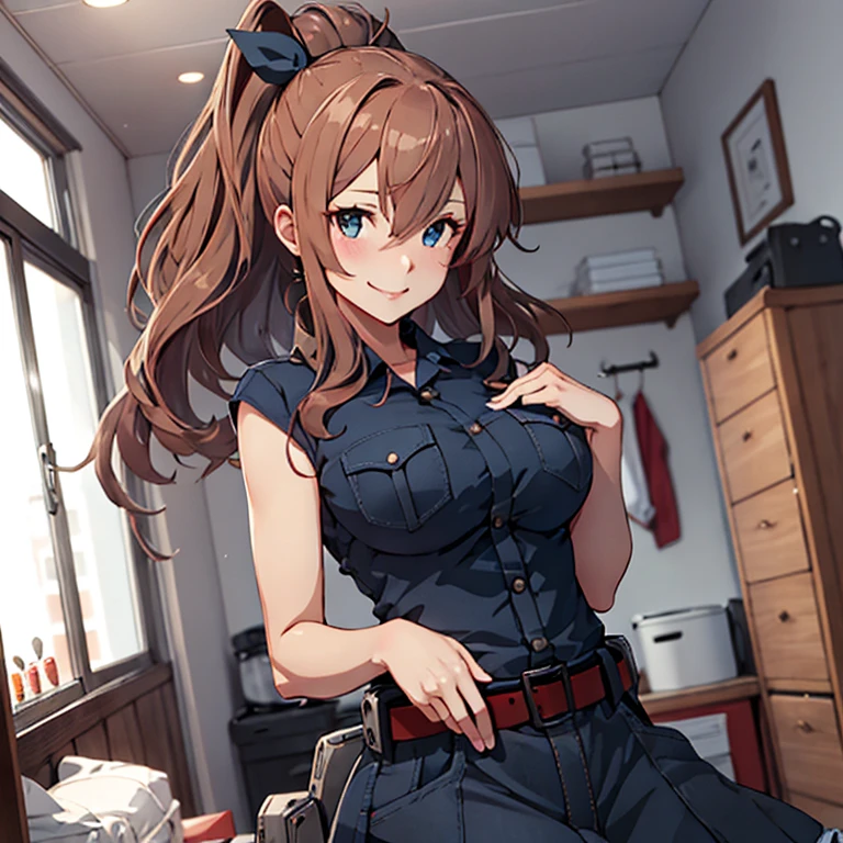 saratoga_kantaicollection
brown_hair, long_hair, ponytail, side_ponytail, hair_between_eyes, blue_eyes, breasts, sidelocks, large_breasts, smile, pocket, breast_pocket, smokestack,
KonishiCSA, Virtual Idol,room,

