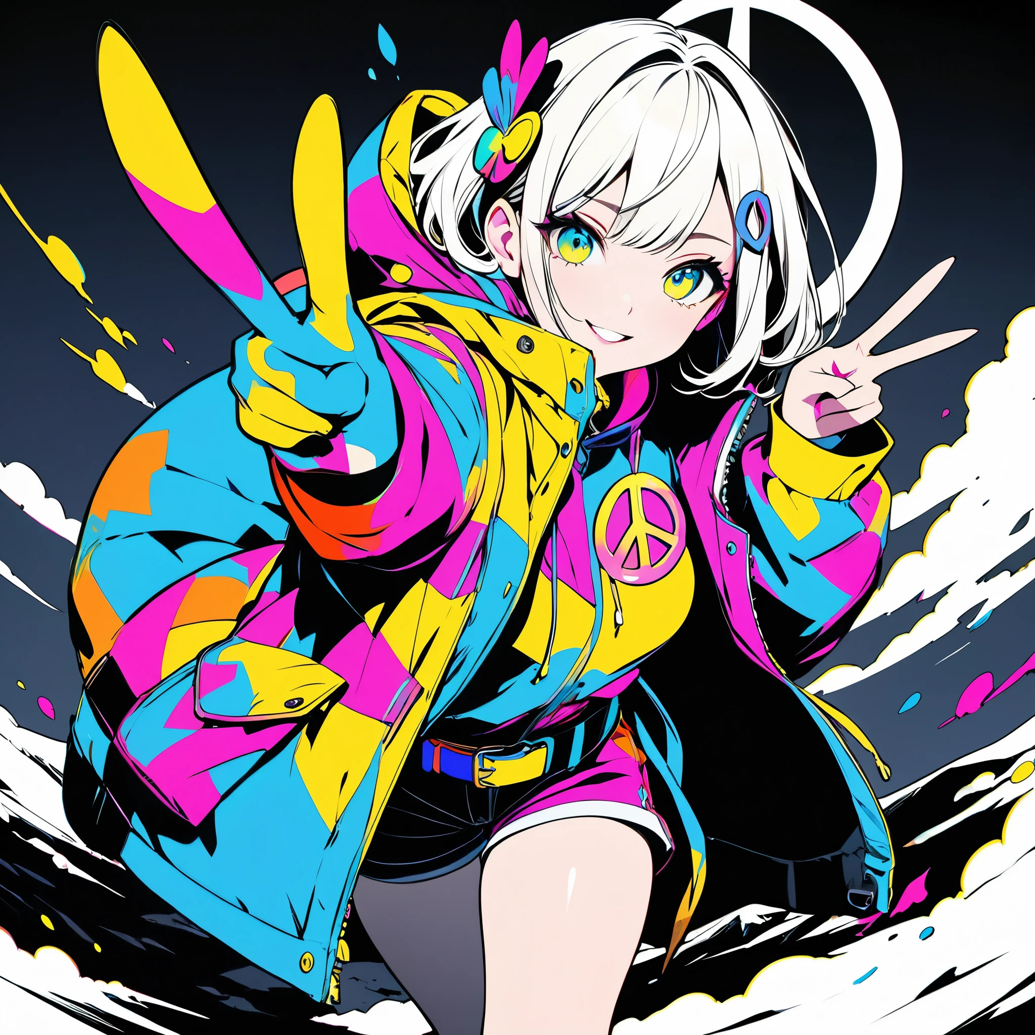 popart,high contrast,(masterpiece, best quality:1.2), 1girl,solo,(full body), anime style, best quality, close up, peace sign, stylish outfit, Mountain parka, flared hem, shorts, playful expression, ear accessories,belt