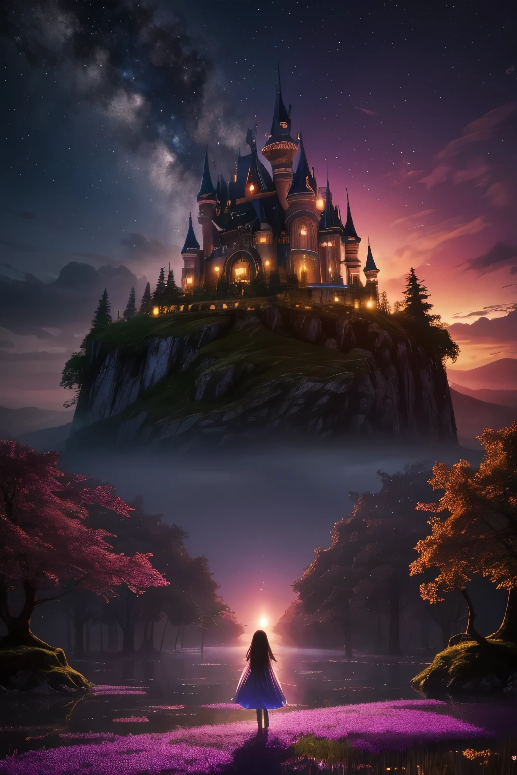 A dreamlike fantasy landscape, a surreal forest with glowing mushrooms, floating islands, and a whimsical castle in the distance, 1girl, detailed face, beautiful eyes, long hair, detailed dress, walking through the mystical scenery, (best quality,4k,8k,highres,masterpiece:1.2),ultra-detailed,(realistic,photorealistic,photo-realistic:1.37),fantasy,surreal,dreamscape,magical,ethereal,glowing,vibrant colors,dramatic lighting