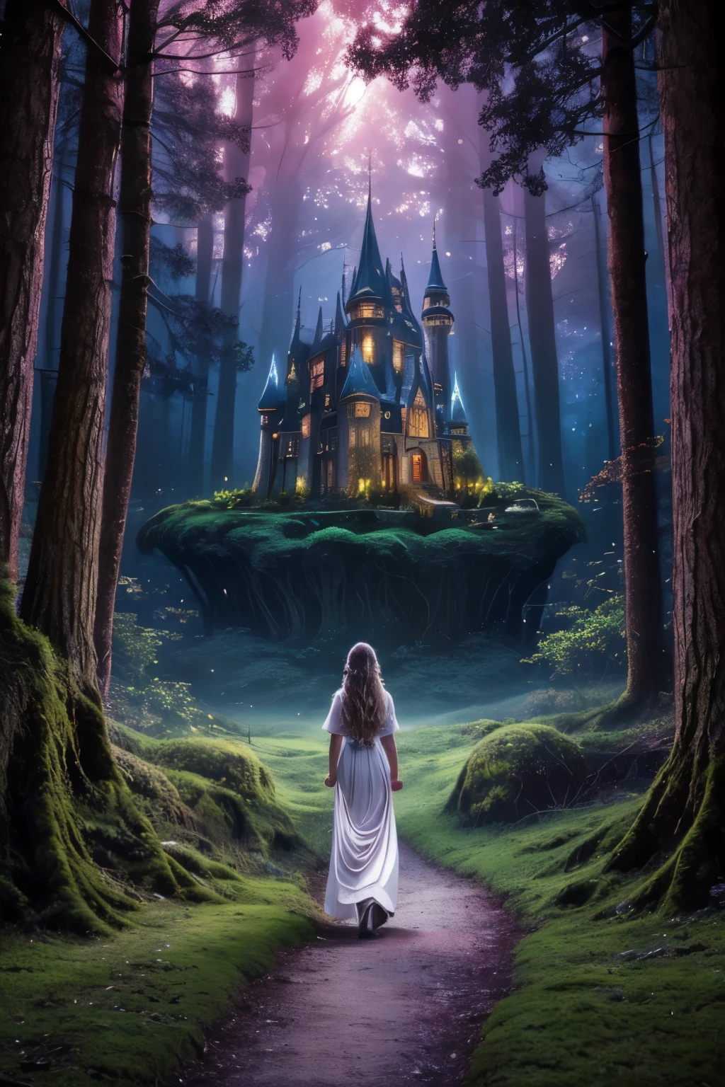 A dreamlike fantasy landscape, a surreal forest with glowing mushrooms, floating islands, and a whimsical castle in the distance, 1girl, detailed face, beautiful eyes, long hair, detailed dress, walking through the mystical scenery, (best quality,4k,8k,highres,masterpiece:1.2),ultra-detailed,(realistic,photorealistic,photo-realistic:1.37),fantasy,surreal,dreamscape,magical,ethereal,glowing,vibrant colors,dramatic lighting