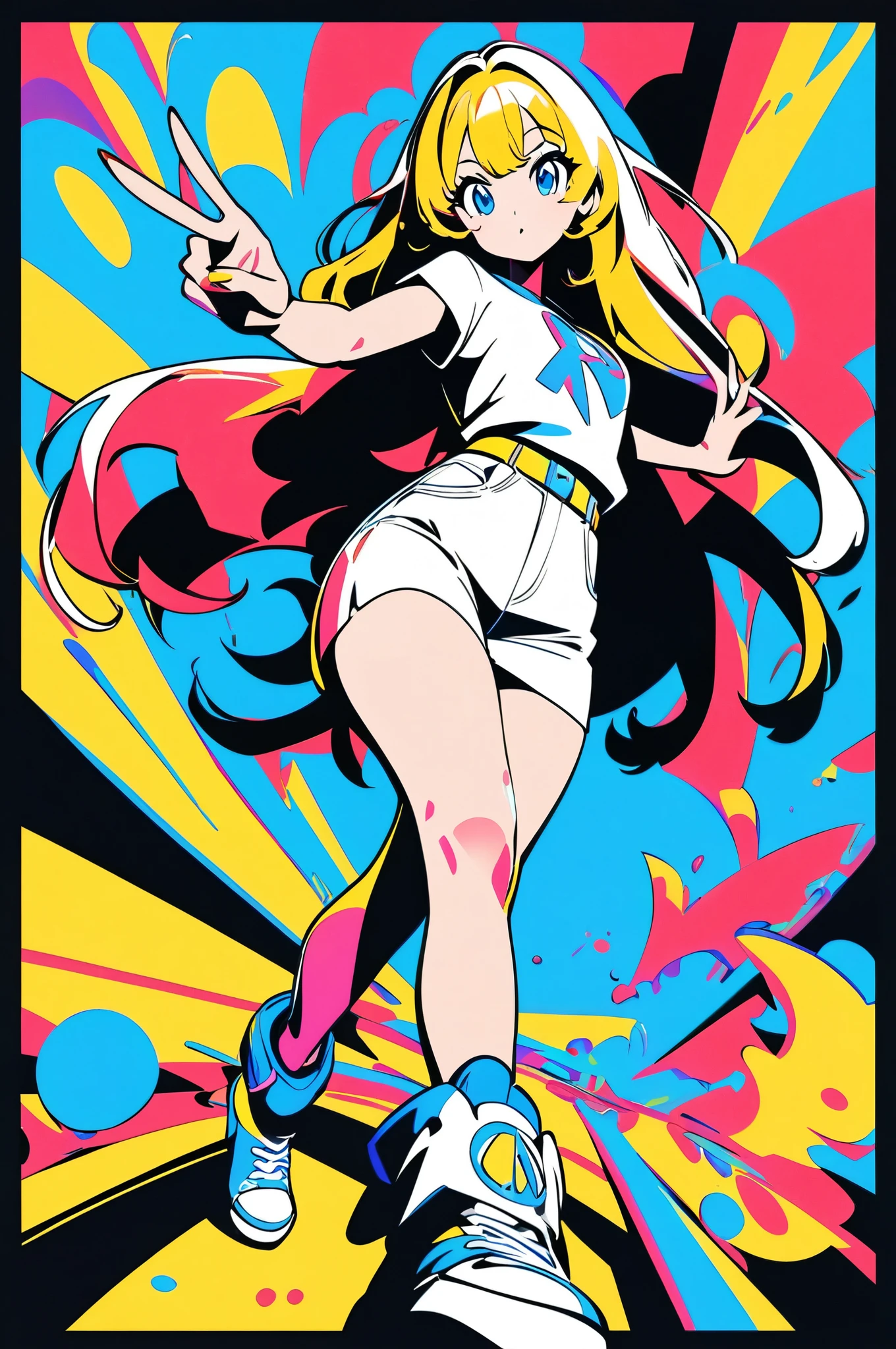 popart,high contrast,(masterpiece, best quality:1.2), 1girl,solo,(full body), anime style, best quality, close up, peace sign,