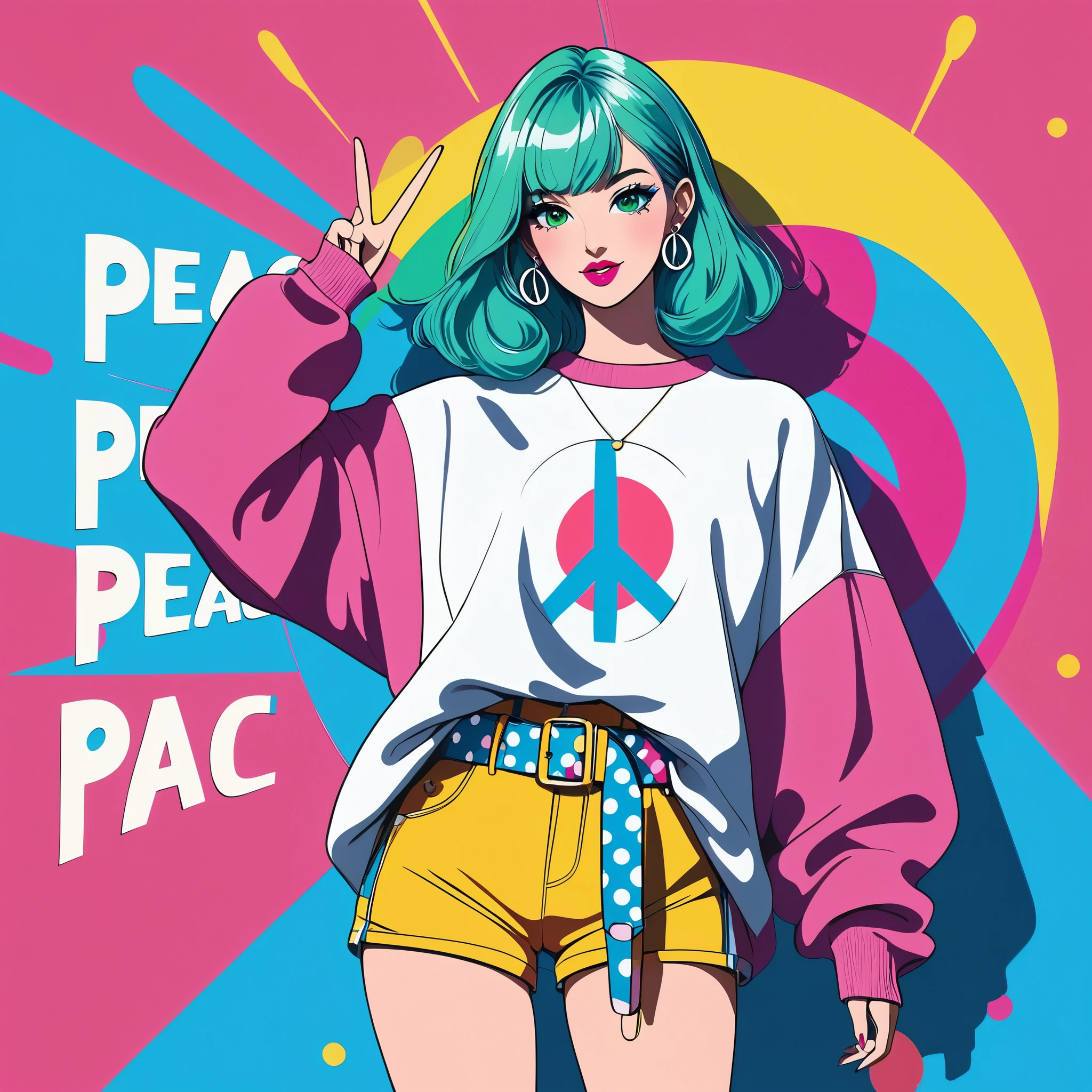 popart,high contrast,(masterpiece, best quality:1.2), 1girl,solo,(full body), anime style, best quality, close up, peace sign, vibrant colors, green eyes, blue and pink hair, stylish outfit, oversized sweatshirt, bold graphic text, shorts, playful expression, ear accessories, colorful belt, flat design, blue polka dot background, high contrast, minimal shading, modern illustration, retro vibes, pop art influence