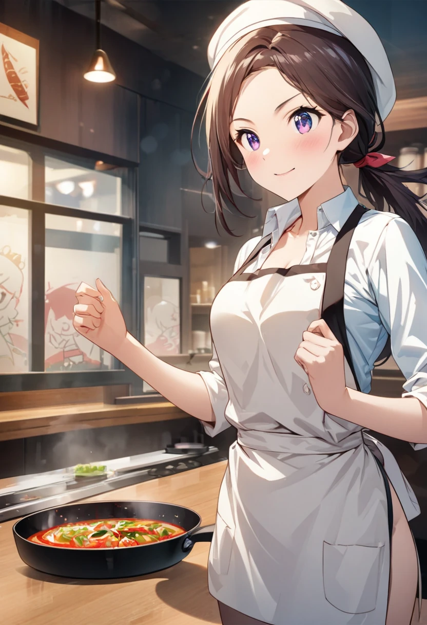 Beautiful girl 、Age 30、Best Quality、Ultra-precision、Detailed drawing、Restaurant chef、Frying pan、shirt、tie、apron、Beret、Sharpness、 ponytail、Vivid colors、upright posture、front、 looking at the camera、A very ecstatic expression、Slender figure、Accurate depiction、 CG illustration、Open chest
