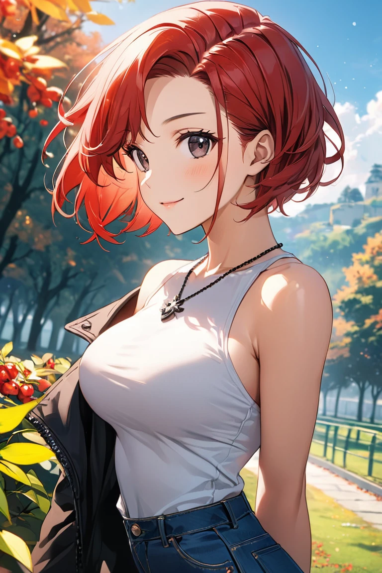 1 girl,(berry shortcut hair,red hair, swept-back,:2.0),red tanktop,black riders jacket,jeans,skull necklace,big black eyes,long eyelashes,Muscular、(F cup beautiful breasts)、25years old, (tall:1.2),height: 175cm,Sexy long legs,Fashion model body type,solo,smile、Shy、Shyness,Cool look,blush,Anime-style painting style,A composition that shows the upper body,front view,looking at viewer,cinematic lighting,Superfine,magnificent view、park、autumn,(morning:1.5)、(sexy) ,(closeup:1.5),dynamic angle