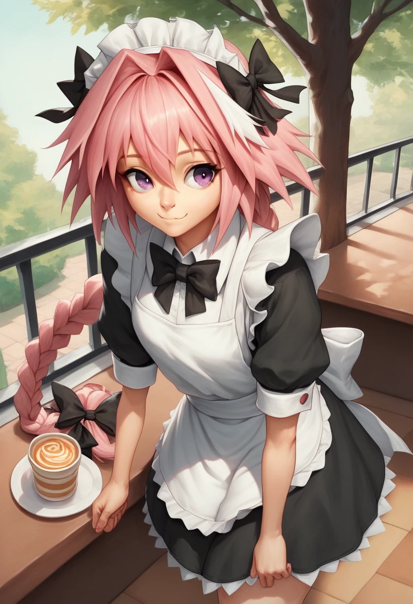 (masterpiece:1.2), Super detailed, Illustration, Absurd,  Astolfo,  Long Braids ,  ,  purple eyes,  Hair Between Your Eyes,  stripes, clavicle,  hair bow, One person, BLACK BOW,   Osfocus , , Alone,  Pink Hair,  single braided , Long Hair, hair intakes, stripesの髪,   hair bow, the above, smile, , Thick thighs, Alone, indoor, Cafe, Maid headdress, Maid apron, Maid,  place your hands on your lower back,  Go Downman's Nose ,Golden tree background 