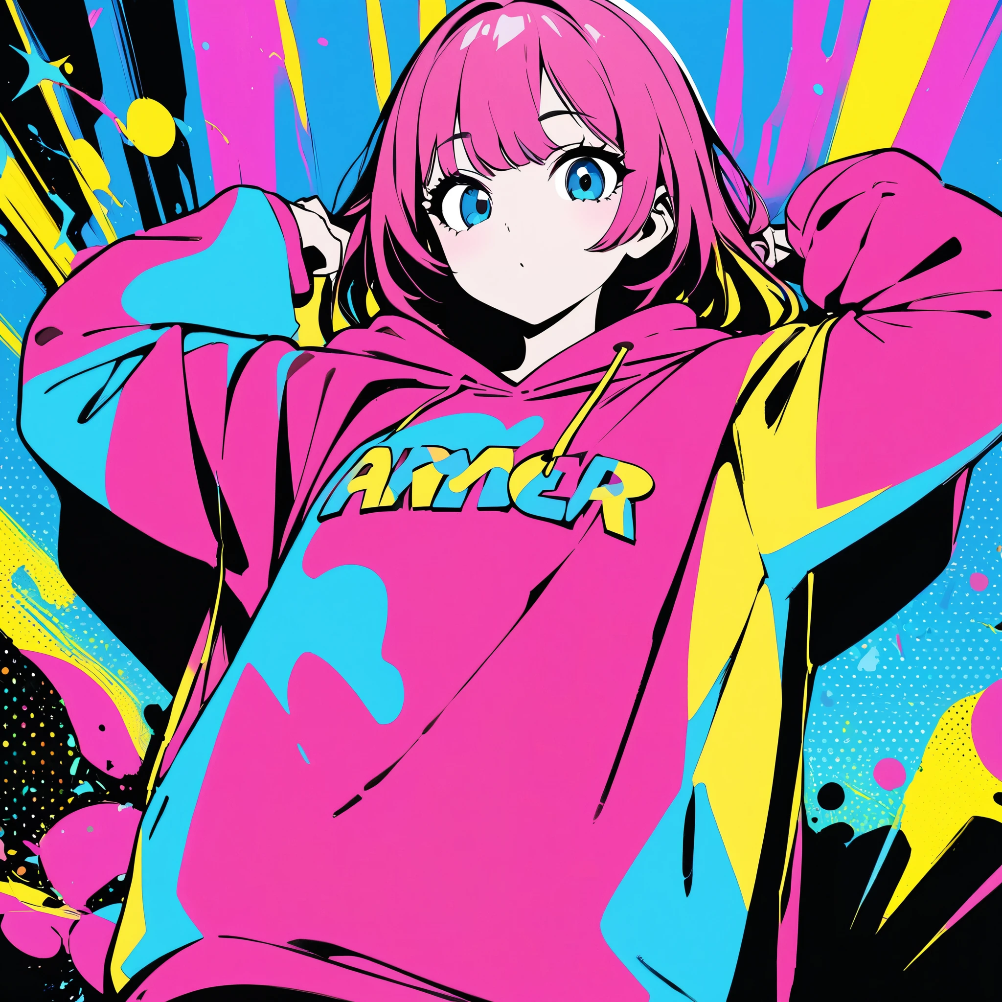 (masterpiece, best quality:1.2), 1girl, solo,high contrast,pop art,oversized sweatshirt,,colorful polka dot background,bold graphic text,trkpop