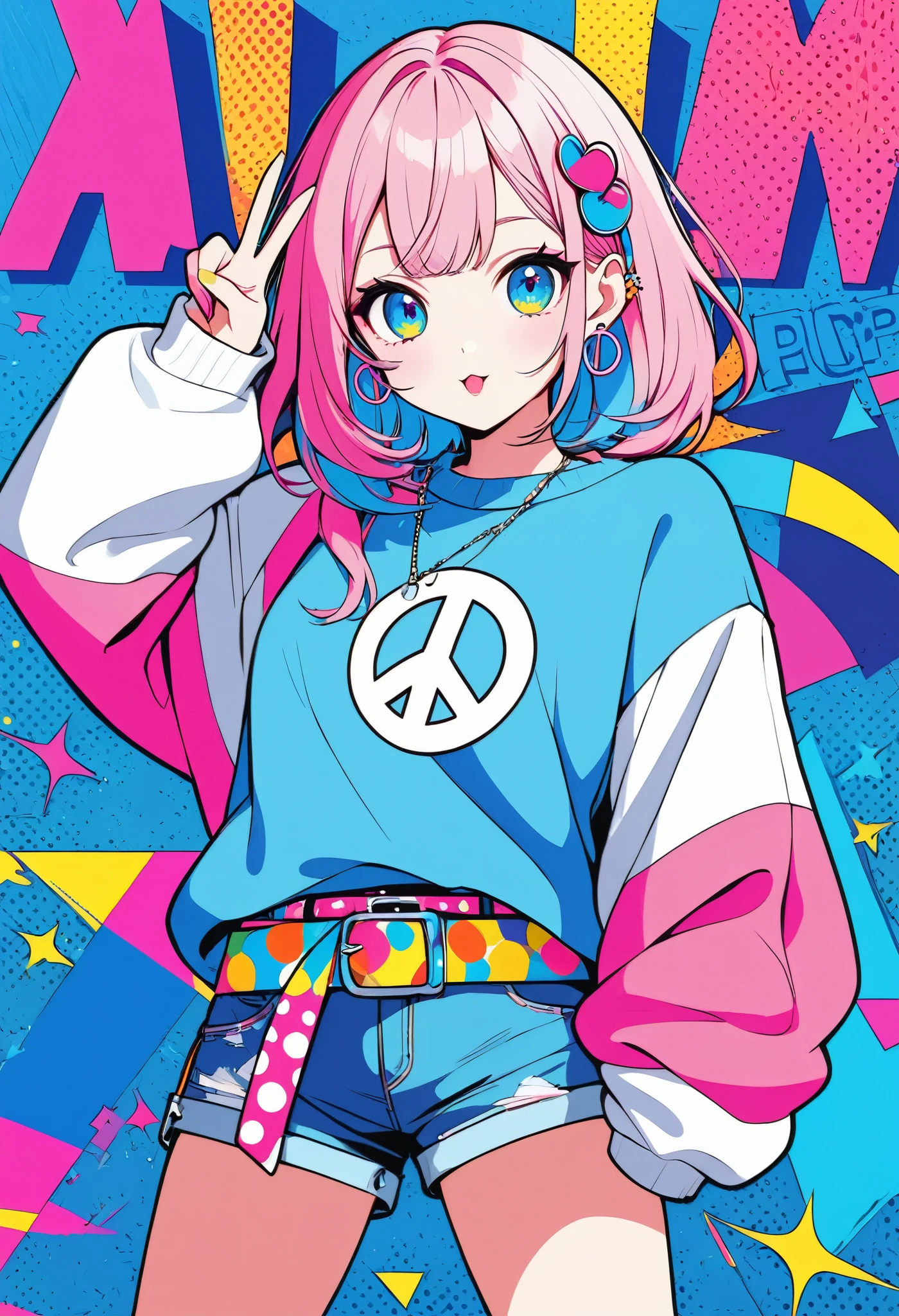 anime style, best quality, peace sign, vibrant colors, blue and pink hair, stylish outfit, oversized sweatshirt, bold graphic text, shorts, playful expression, ear accessories, colorful belt, flat design, blue polka dot background, high contrast, minimal shading, pop art,trkpop,