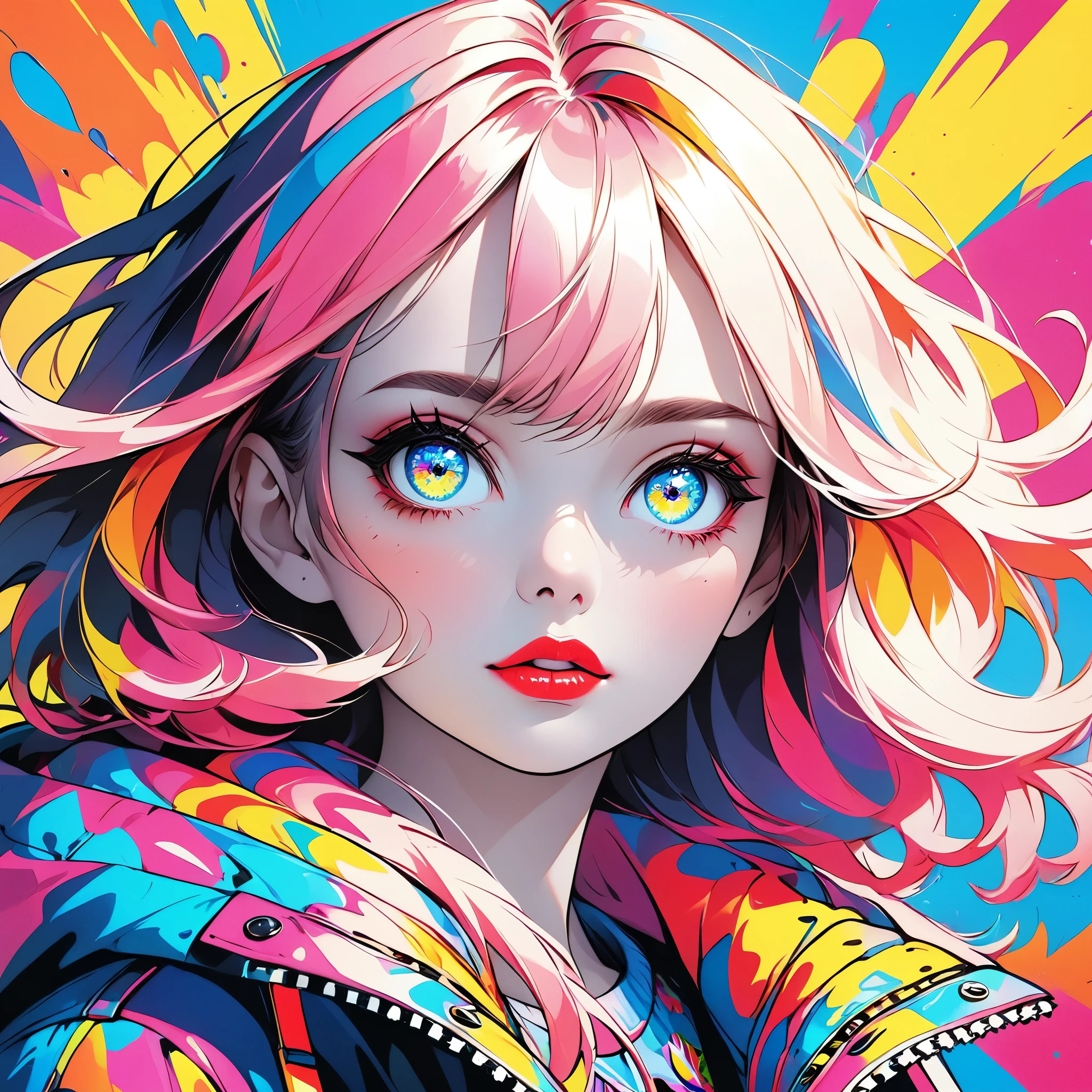 popart, high contrast, (masterpiece, best quality:1.2), 1girl, solo, Mountain parka, very detailed Houndstooth pattern, flared hem, beautiful detailed eyes, beautiful detailed lips, extremely detailed eyes and face, long eyelashes, vivid colors, vibrant, neon, pop art style, psychedelic, bold, striking, dynamic composition, dramatic lighting