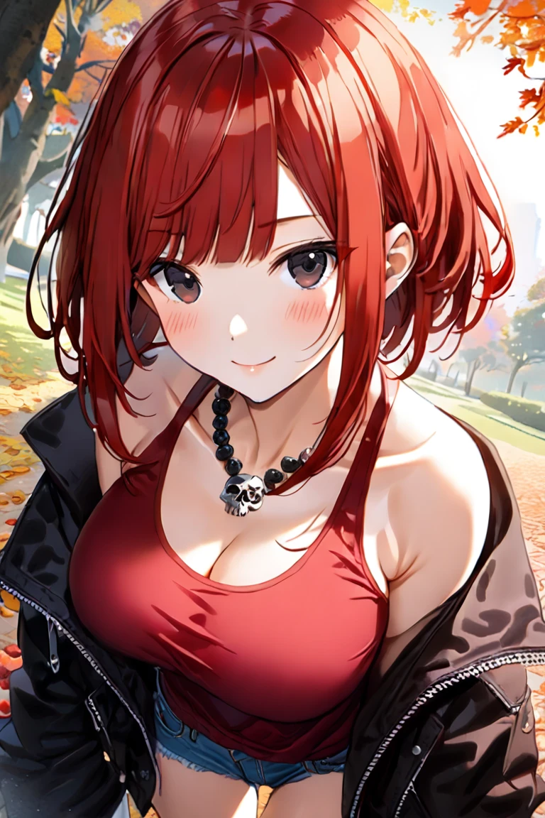 1 girl,(berry shortcut hair,red hair, sidelocks:2.0),red tanktop,black riders jacket,jeans,skull necklace,big black eyes,long eyelashes,Muscular、(F cup beautiful breasts)、25years old, (tall:1.2),height: 175cm,Sexy long legs,Fashion model body type,solo,smile、Shy、Shyness,Cool look,blush,Anime-style painting style,A composition that shows the upper body,front view,looking at viewer,cinematic lighting,Superfine,magnificent view、park、autumn,(morning:1.5)、(sexy) ,(closeup:1.5),dynamic angle