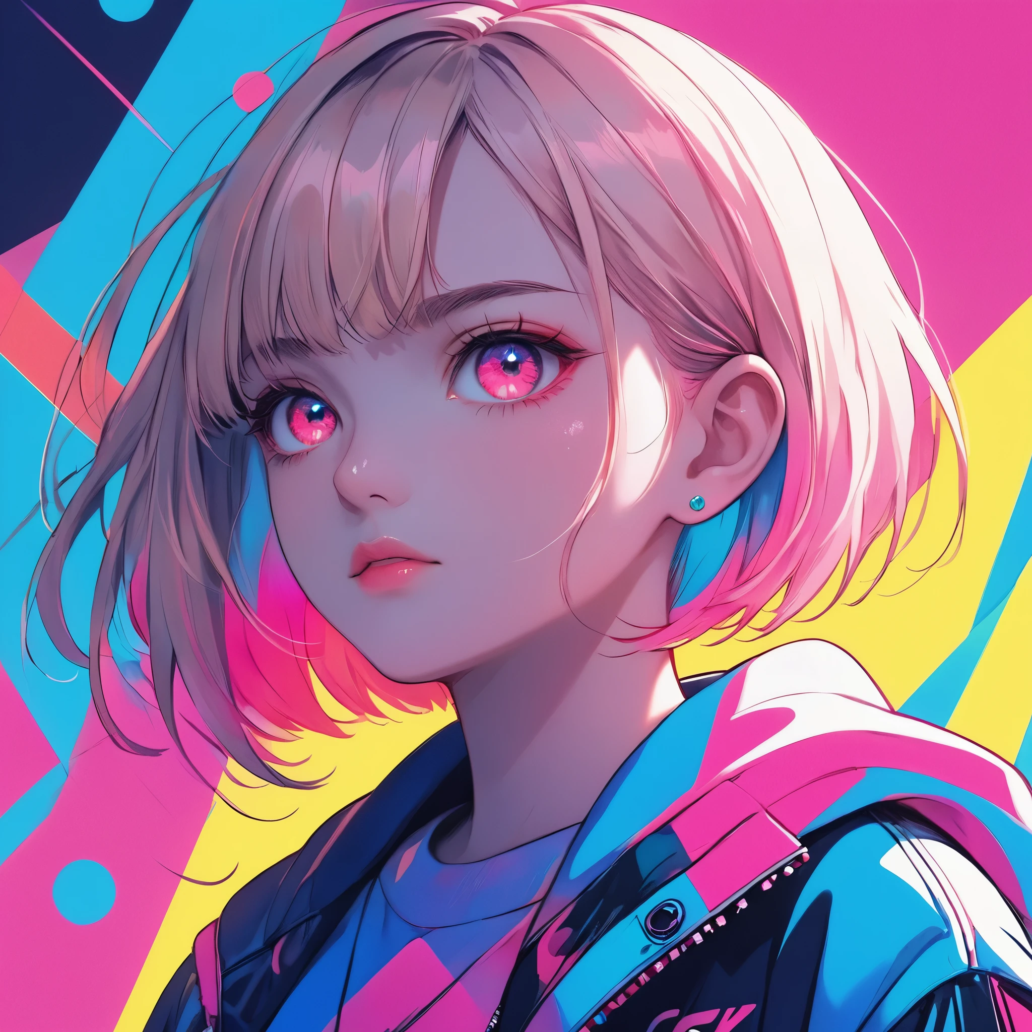 illustration, best quality, close-up, 1girl, full body,blonde hair, hooded jacket, serious expression, vibrant neon colors, abstract background, blue and pink lighting, dynamic composition, streetwear style, futuristic vibe, bold color contrast, cyberpunk atmosphere, strong shadows, intense and edgy mood