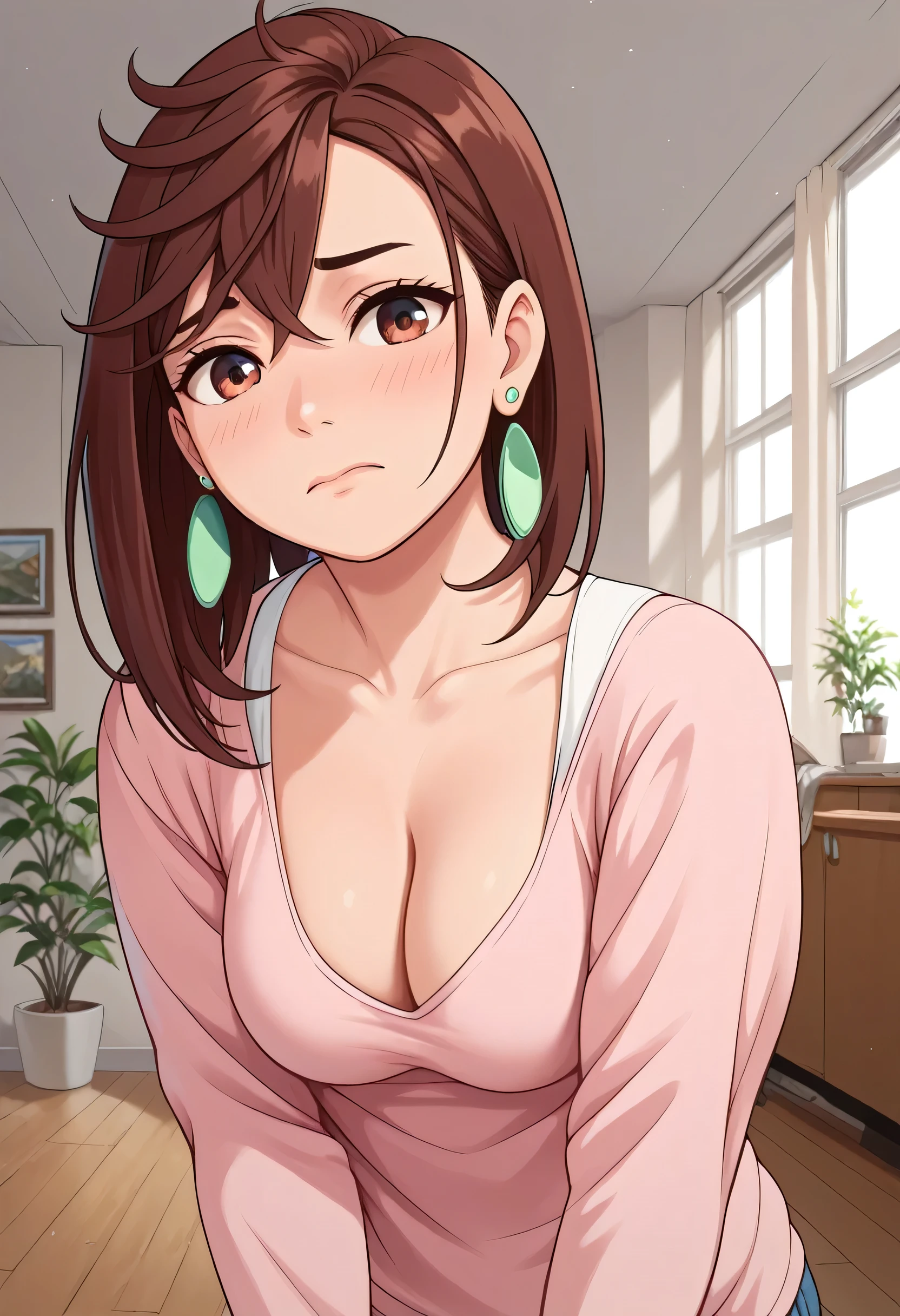 ayase_wz, medium hair, brown hair, brown eyes, medium breasts, posing embarrassed, green earrings, red face, medium breasts, detailed background, indoor, casual clothes, living room, cleavage, breasts