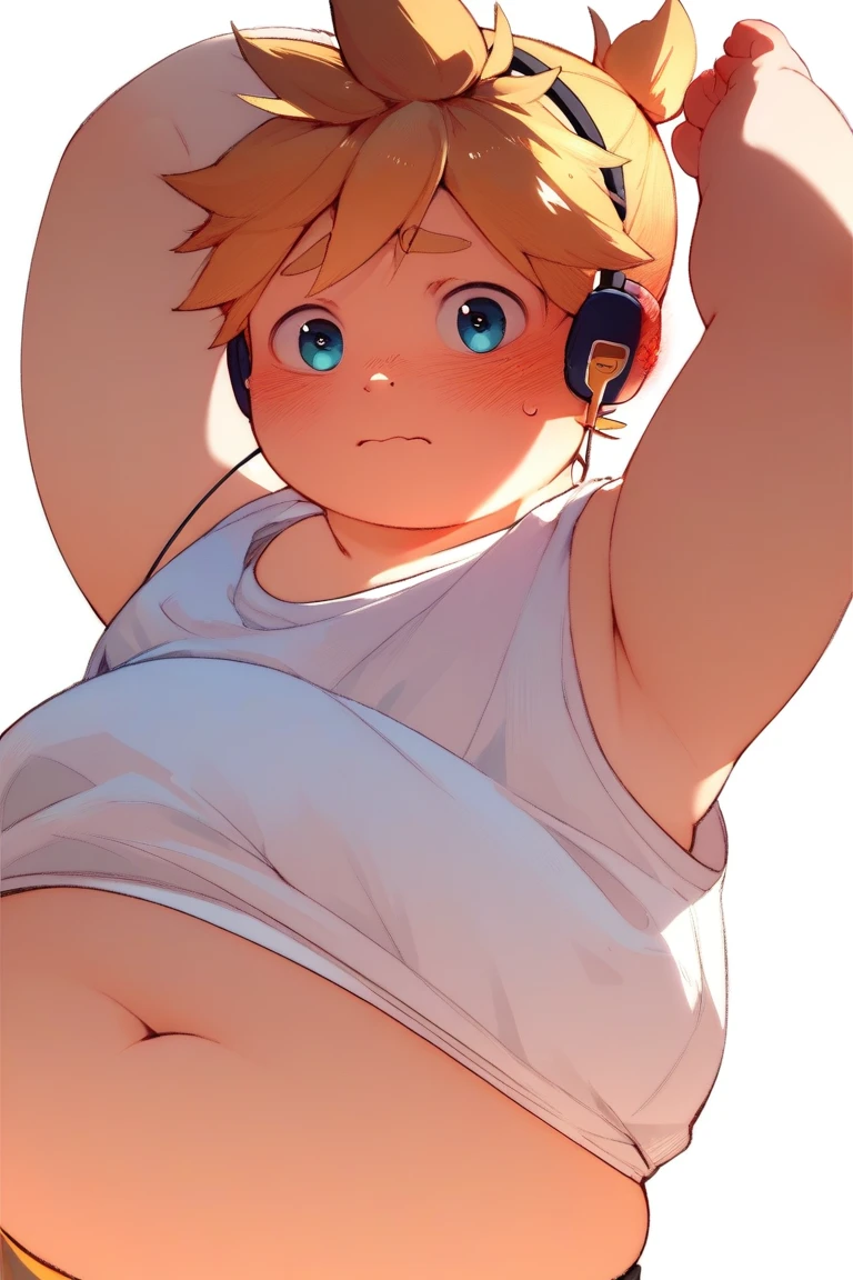 anime style, one boy, male child, Kagamine Len, chubby body, white tank top, earphone, chubby belly button exposed, arms holding up, face red, embarrassed