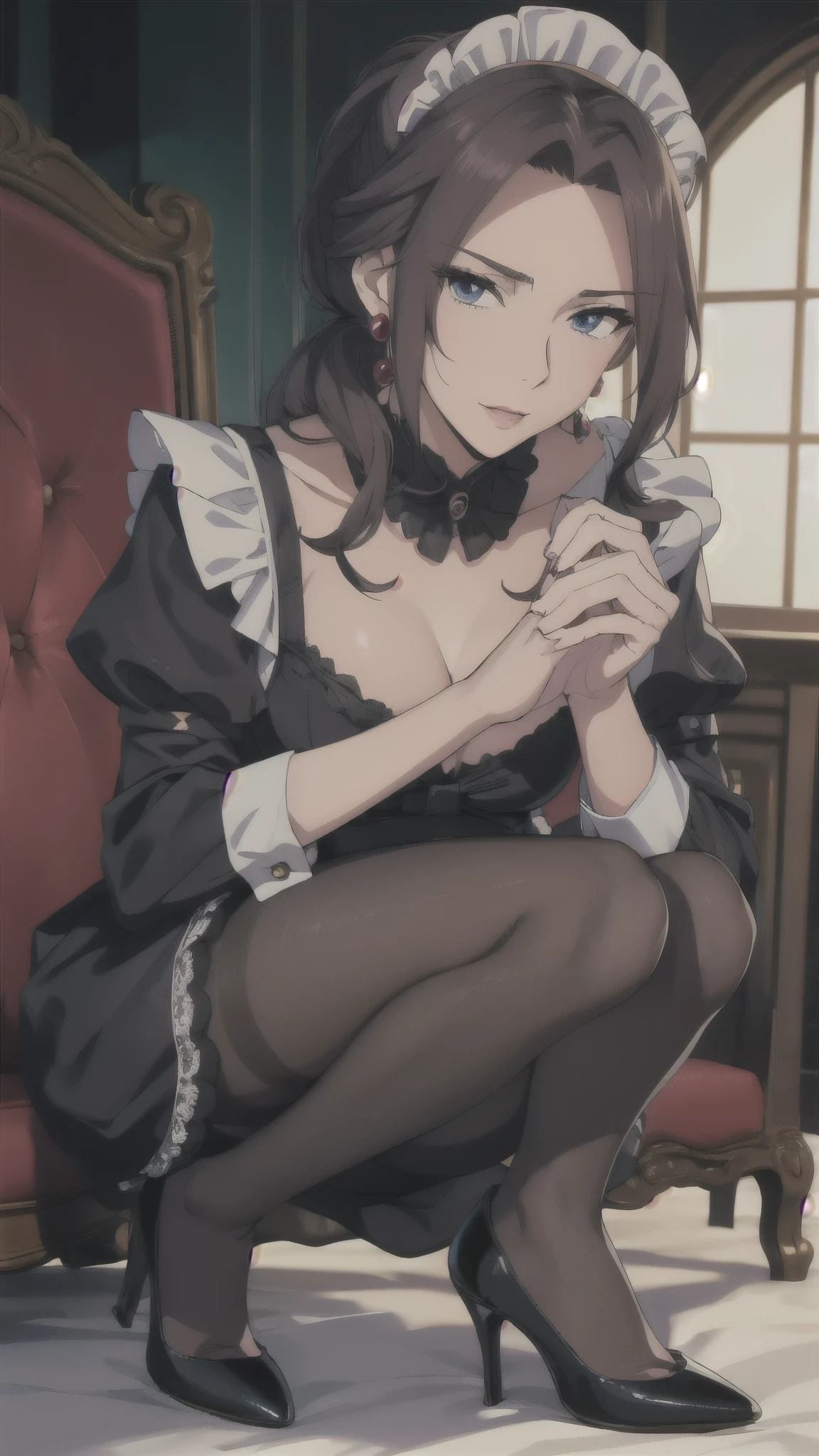 (( correct anatomy )),(( black pantyhose)),((blouse)),(()),(()),(( High Heels )),((( maid clothes))),(()),(()),(()),(()), ultra high resolution,  mature women,  mature women,  very detailed, Perfect hands, Fine fingers,  Beautiful Details,((length, Long Hair)),(( ponytail)), earrings for a woman alone, perfect eyes, seductive eyes,