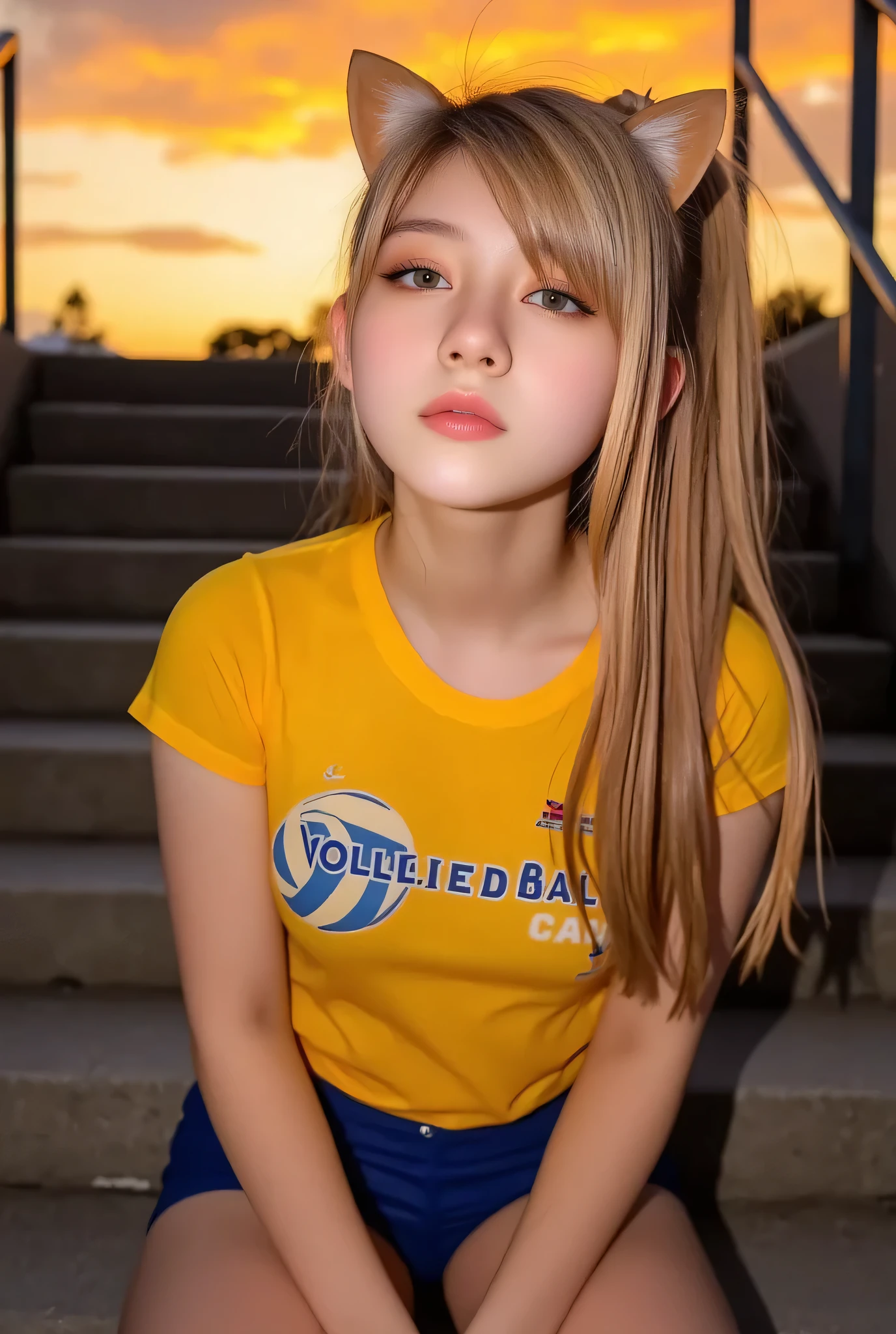 Masterpiece, 4K, bokeh, (Perfect body:1.4), (volleyball uniform:1.5), (Bright Blonde hair:1.5), (ponytail:1.2),(Blushed face:1.3), (Plump breast:1.2), (Sitting in stairway:1.2), (Cat ears:1.3),(From below:1.6),(Sundown :1.2), (Orange beautiful sky and clouds:1.2), Nat DR .