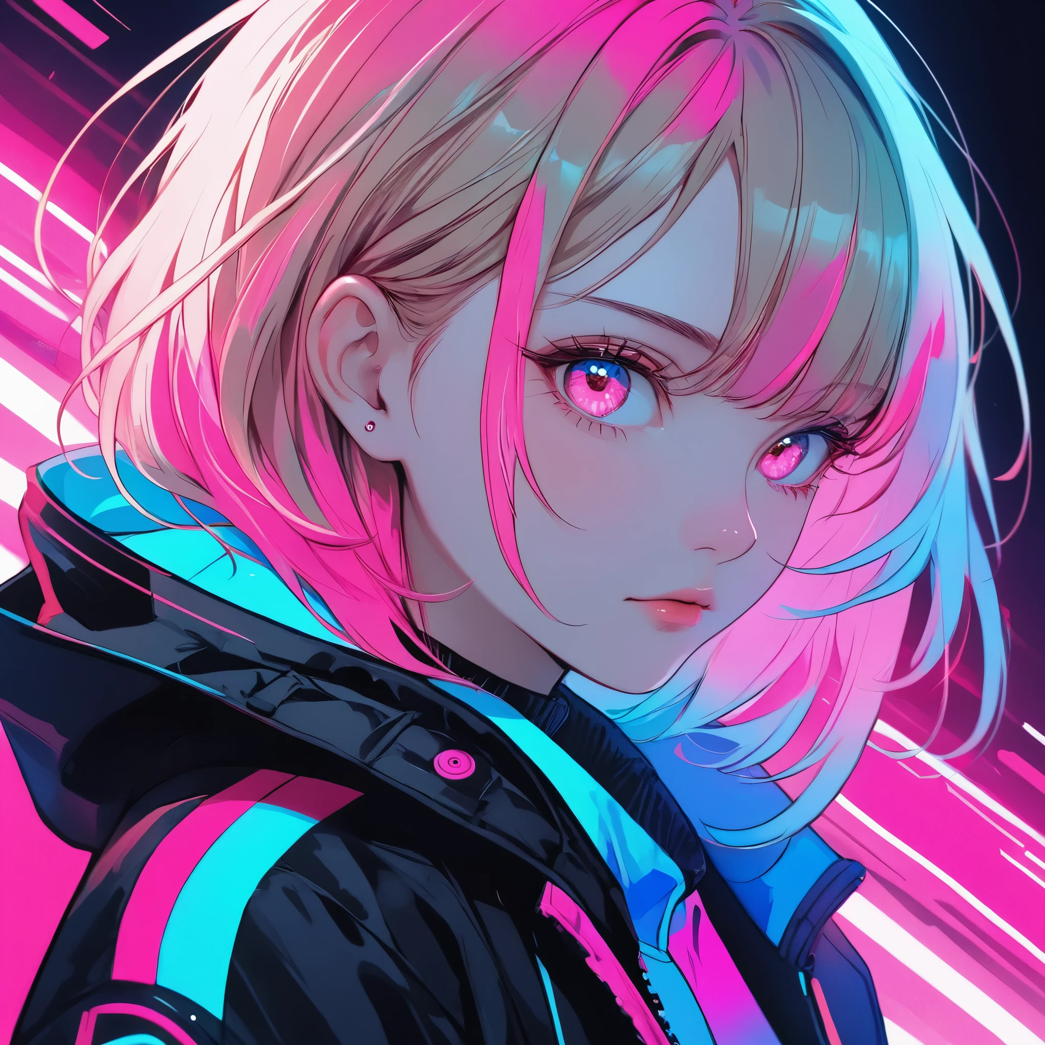 illustration, best quality, close-up, 1girl, blonde hair, hooded jacket, serious expression, vibrant neon colors, abstract background, blue and pink lighting, dynamic composition, streetwear style, futuristic vibe, bold color contrast, cyberpunk atmosphere, strong shadows, intense and edgy mood