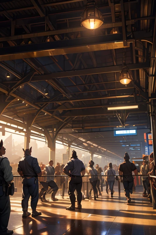 a mob of muscular kangaroos wearing thick diapers, waiting at a railway station, highly detailed, hyper realistic, 8k, photorealistic, professional, cinematic lighting, dramatic lighting, vivid colors, lush environment, intricate details, extreme realism, photorealistic rendering, volumetric lighting, atmospheric, cinematic composition, award-winning, stunning, beautiful, breathtaking, masterpiece