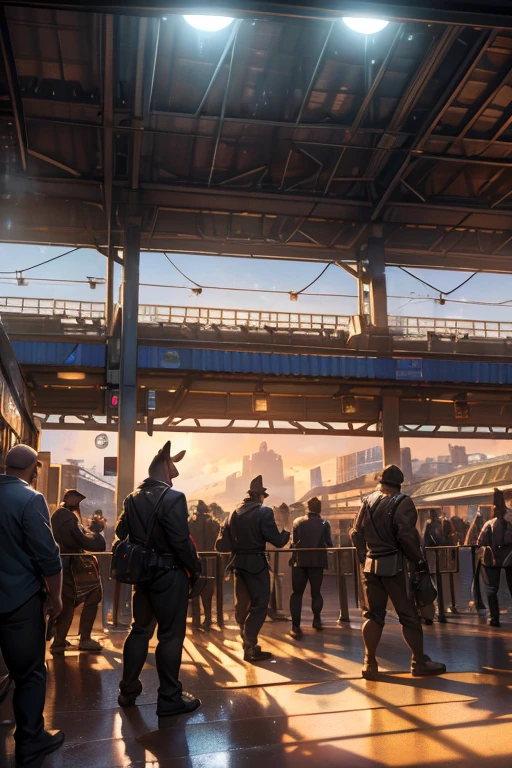 a mob of muscular kangaroos wearing thick diapers, waiting at a railway station, highly detailed, hyper realistic, 8k, photorealistic, professional, cinematic lighting, dramatic lighting, vivid colors, lush environment, intricate details, extreme realism, photorealistic rendering, volumetric lighting, atmospheric, cinematic composition, award-winning, stunning, beautiful, breathtaking, masterpiece