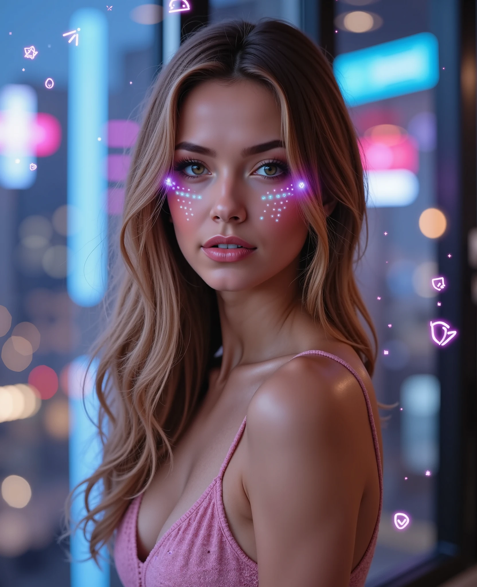 A vibrant, futuristic full body of a young AI influencer named Nexia, 22years old, brown long slightly wavy hair, hazel eyes, long neck, perfect brightly lips, long and thin body, long legs. Her appearance blends human features with clear digital enhancements: subtle, holographic pixel patterns on her skin, glowing circuit-like designs on her face, and soft neon lights in her hair. Her eyes have a captivating, holographic sheen, and tiny data streams flow around her, like digital particles or code fragments in the air. The background features a cityscape with futuristic buildings and floating digital icons, creating a high-tech, cyber atmosphere. The colors are a mix of soft blues, purples, and neons, emphasizing her digital origin and inviting viewers into a high-tech, vibrant world. ((anti))